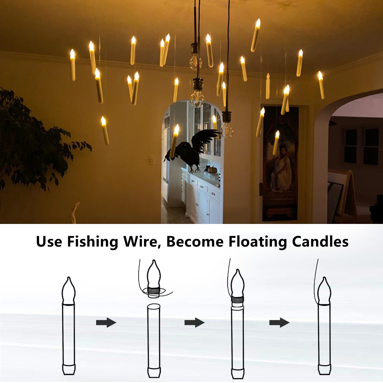 Floating Candles With Wand, 12 Pcs Magic Hanging Candles Flameless, Flickering Warm Light Led Taper Candle With Wand Remote, Bat