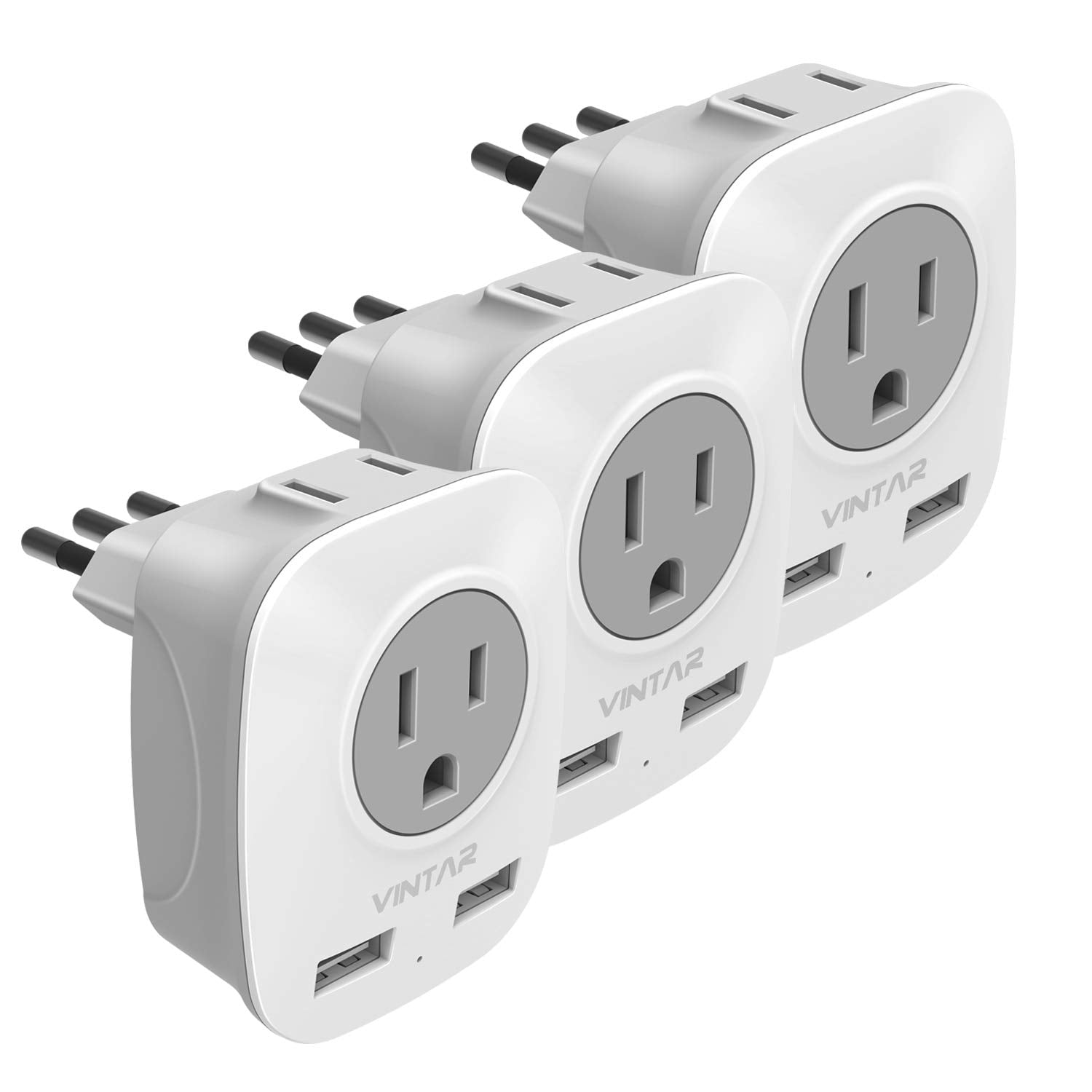 3 Pack Italy Travel Power Adapter, Vintar 3 Prong Grounded Plug With 2 Usb And 2 American Outlets, 4 In 1 Outlet Adaptor Dual Us