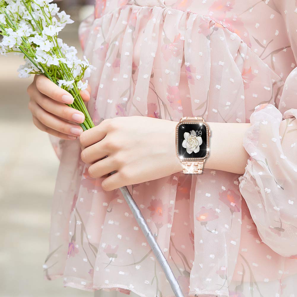 Supoix Compatible With Apple Watch Band 49Mm + Case, Women Jewelry Bling Diamond Replacement Metal Strap & Soft Tpu Bumper Prote