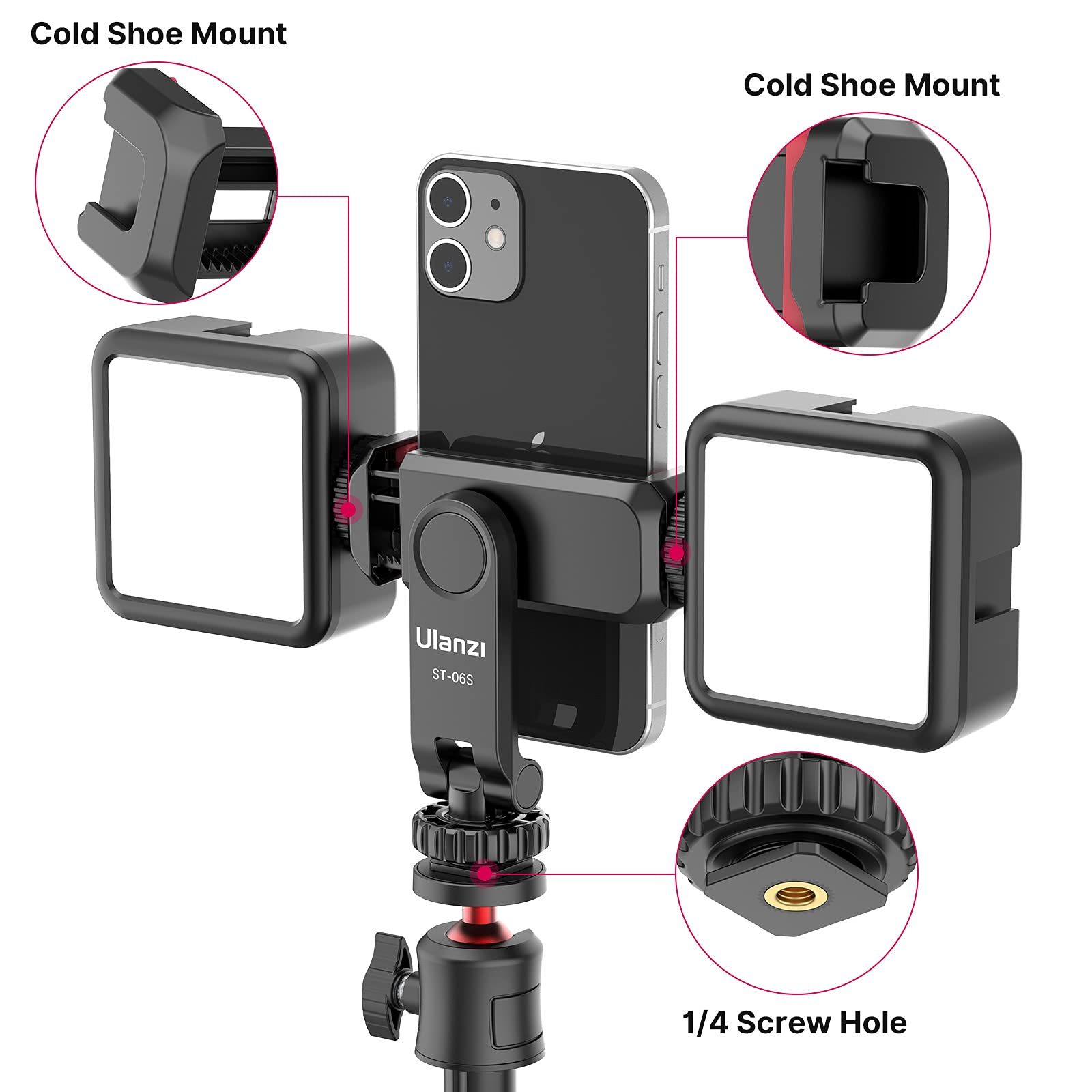 Ulanzi St 06S Phone Tripod Mount, Universal Smartphone Mount Adapter With 2 Cold Shoe, 360 Rotates Adjustable Cell Phone Clip Cl