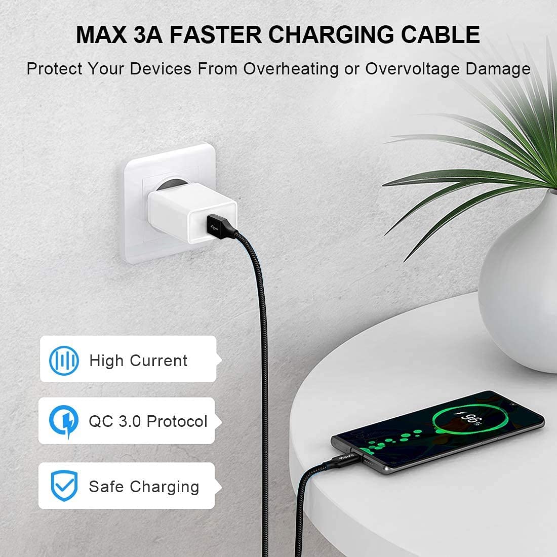 etguuds USB C Cable 3A Fast Charging USB A to Type C Nylon Braided Black 4ft (2-Pack)
