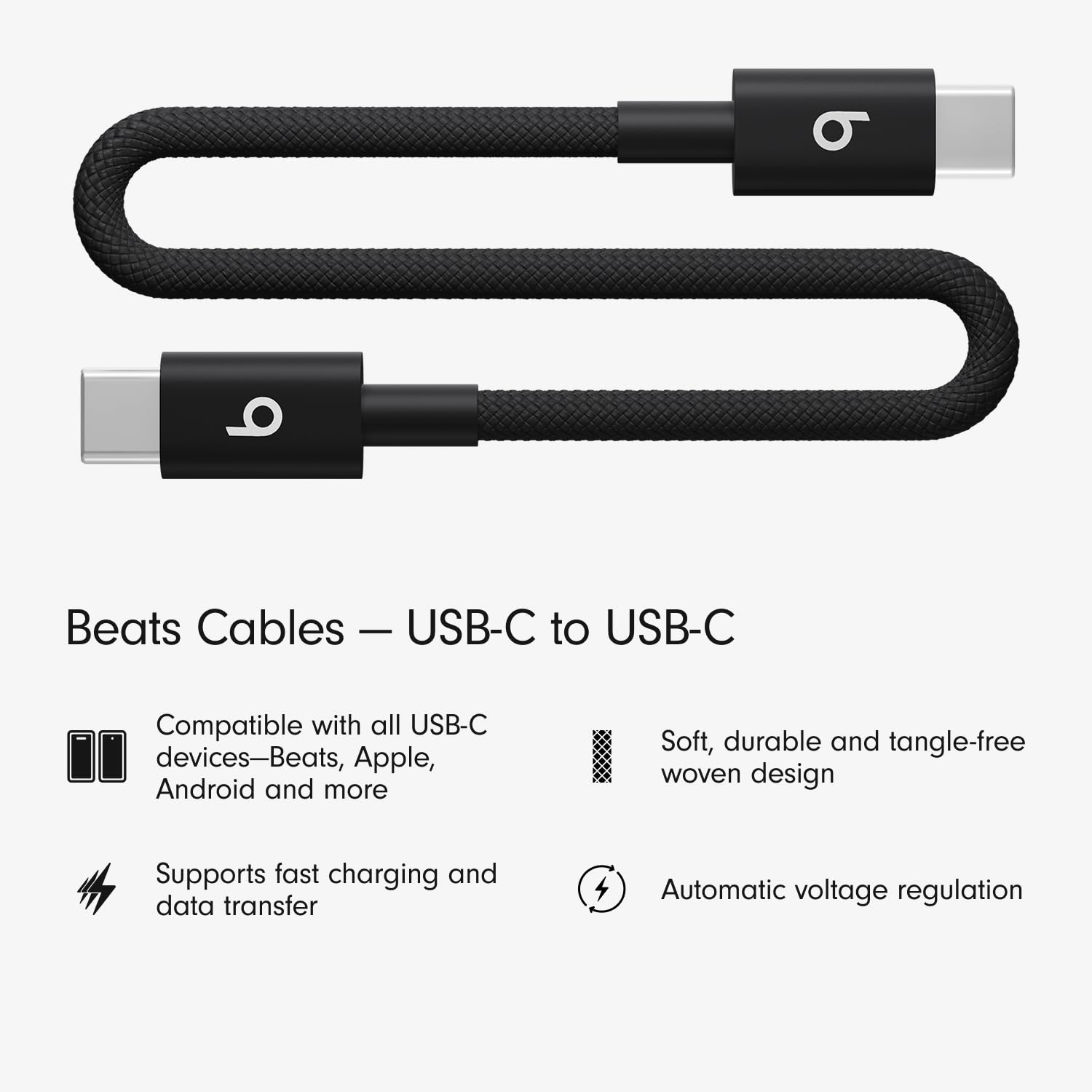 Beats Usb-C To Usb-C Woven Short Cable Fast Charging Durable/Tangle-Free Compatible Charger For Apple & Android Devices (20 Cm,