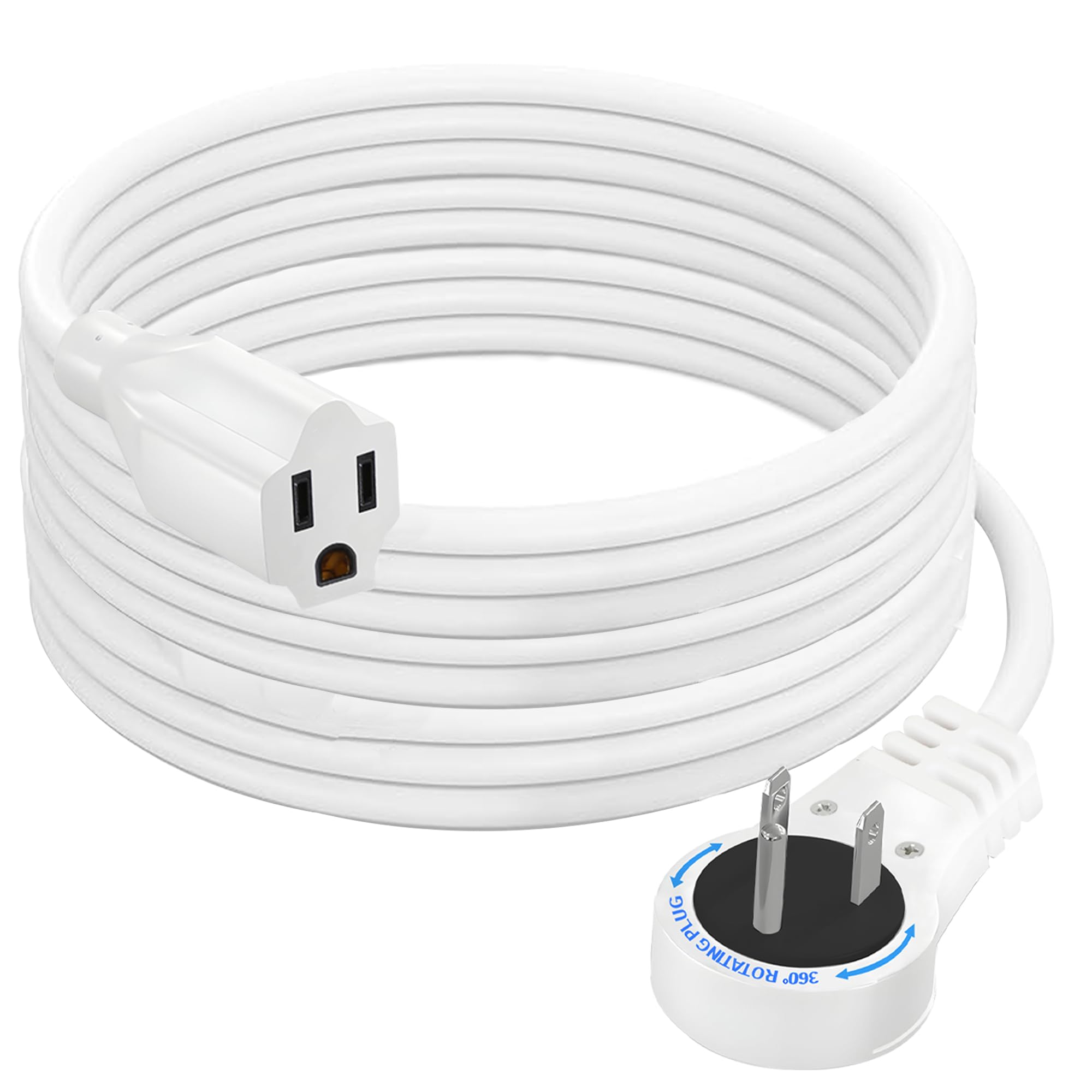 Electery 360 Rotating Flat Plug Extension Cord 25 Ft 16 Awg White Extension Wire, Power Cord For Indoor And Office Use, Slim Plu