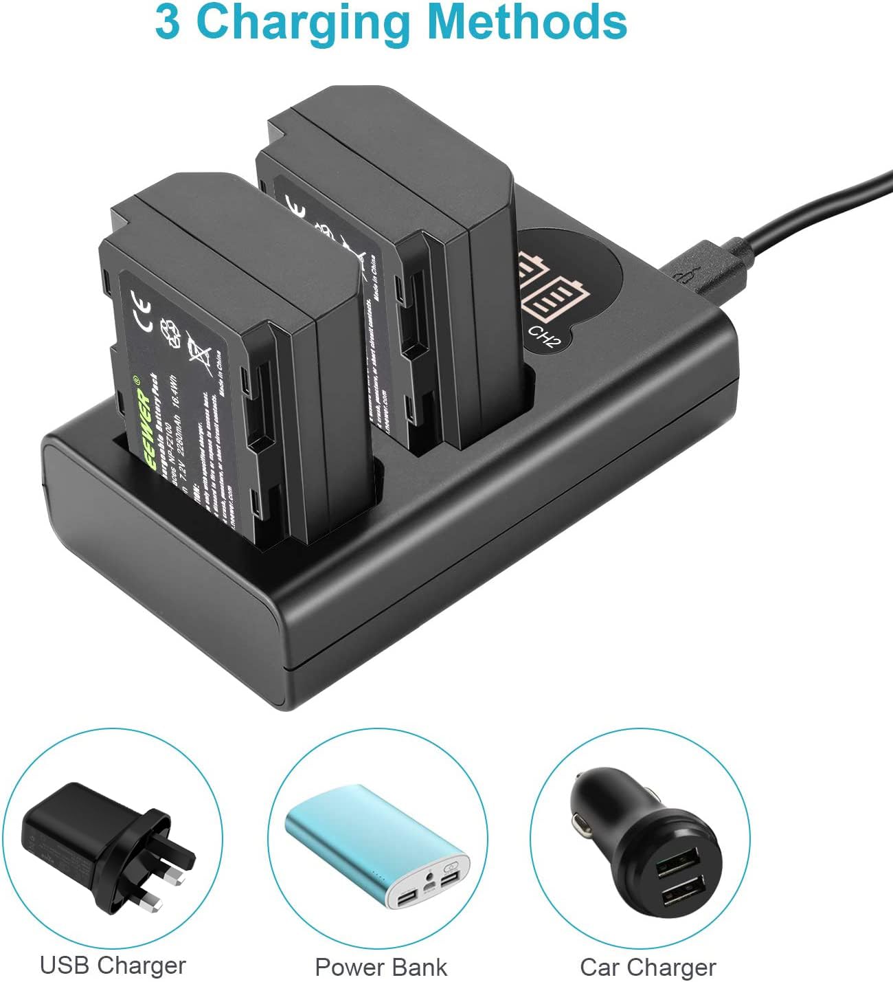 Neewer Np Fz100 2280Mah Replacement Battery And Charger With Lcd Screen, 2 Packs, Compatible With Sony A1, A9 Ii, A7R Iii, A7R I