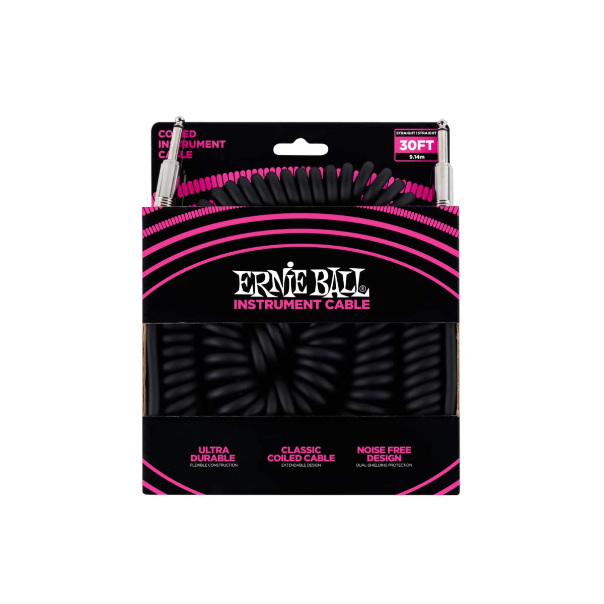 Ernie Ball Coiled Instrument Cable, Straight/Straight, 30Ft, Black (P06044)
