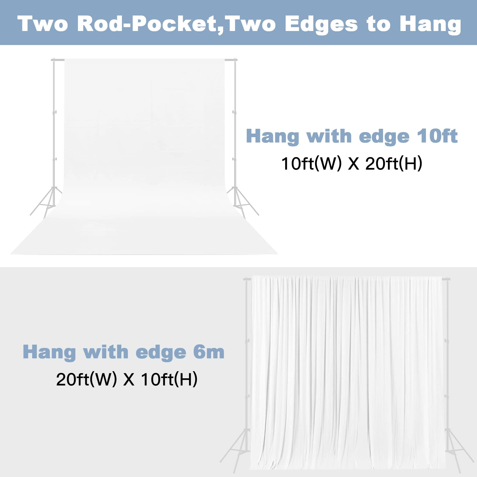 10X20Ft White Photo Backdrops For Photography, Lcuirc Two Rod Pocket White Backdrops Curtain For Parties, Polyester White Backgr
