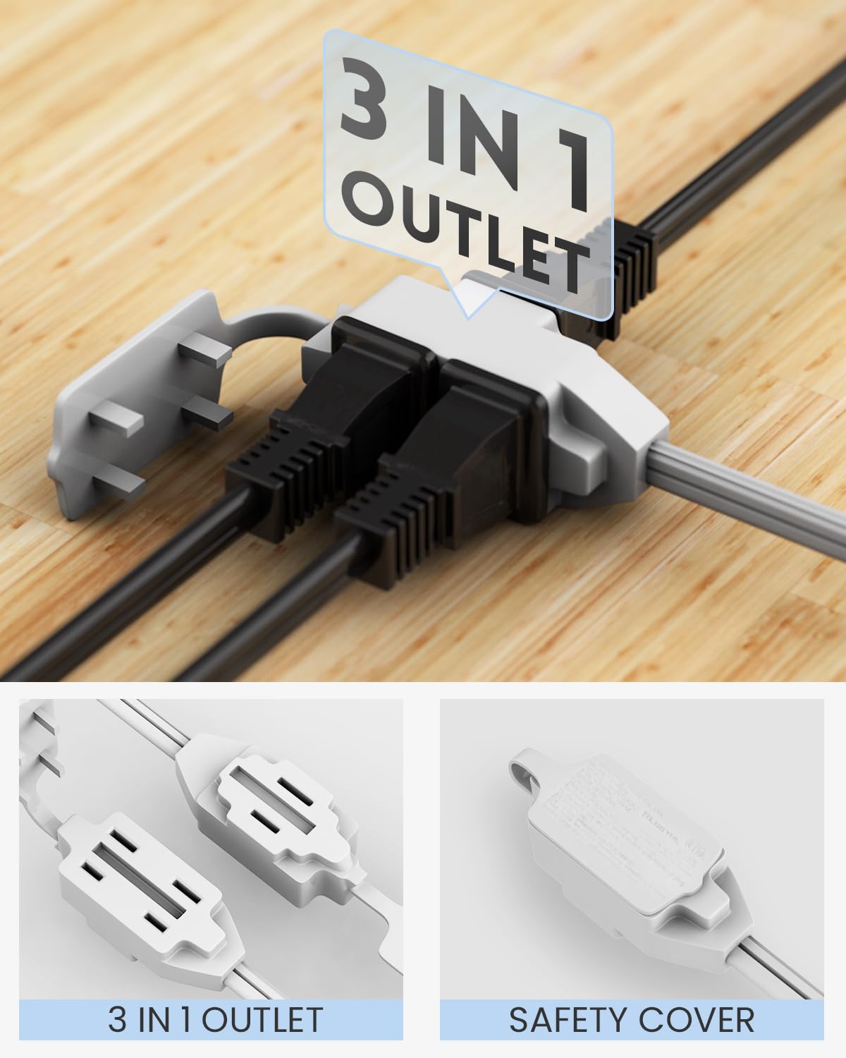 Plugtul Indoor Extension Cord 6 Ft, 2 Prong White Extension Cord, 3 Polarized Outlets With Safety Cap Protect For Home Office, 1