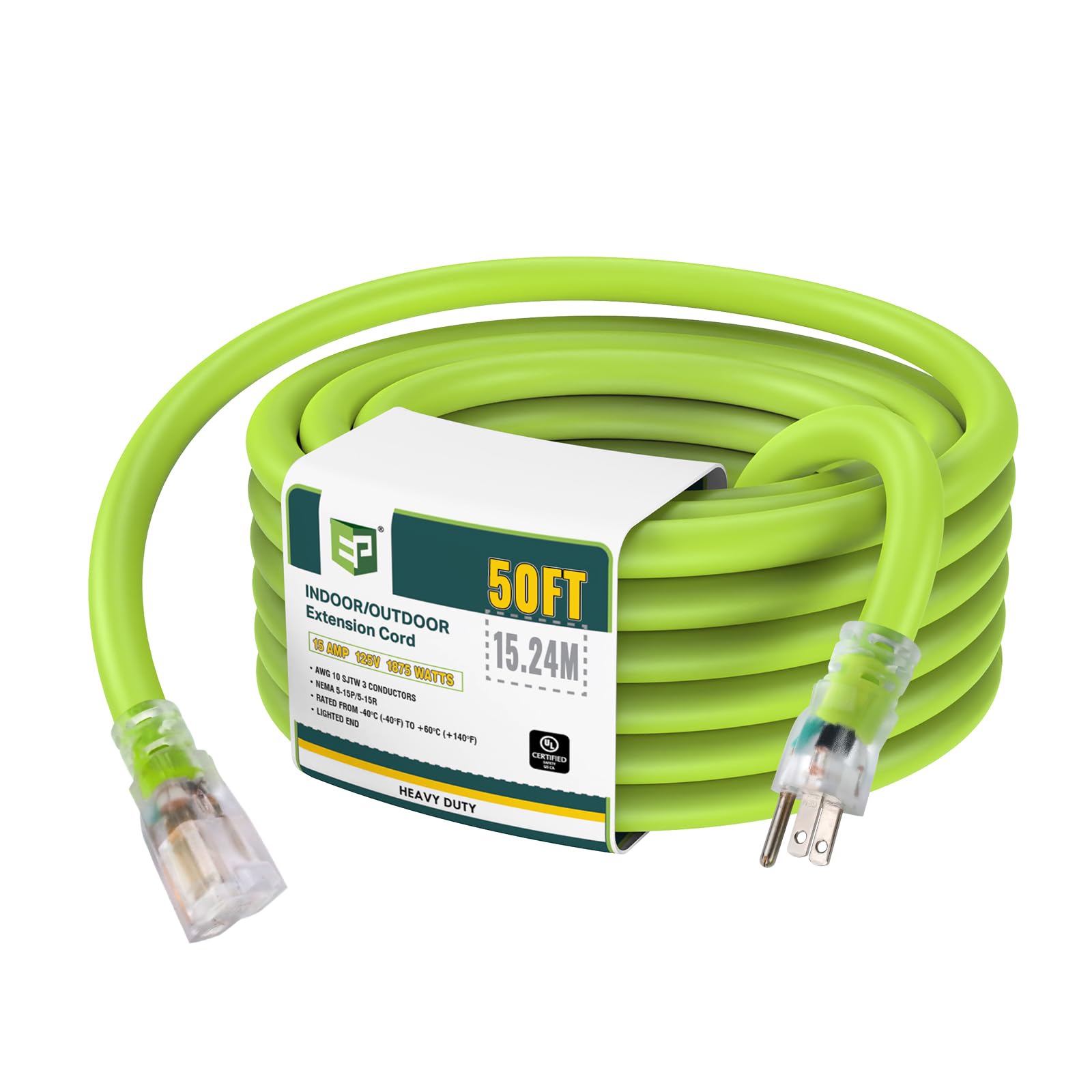 Ep 50 Ft Lighted Outdoor Extension Cord   10/3 Sjtw Heavy Duty Green Extension Cable With 3 Prong Grounded Plug For Safety, Ul L