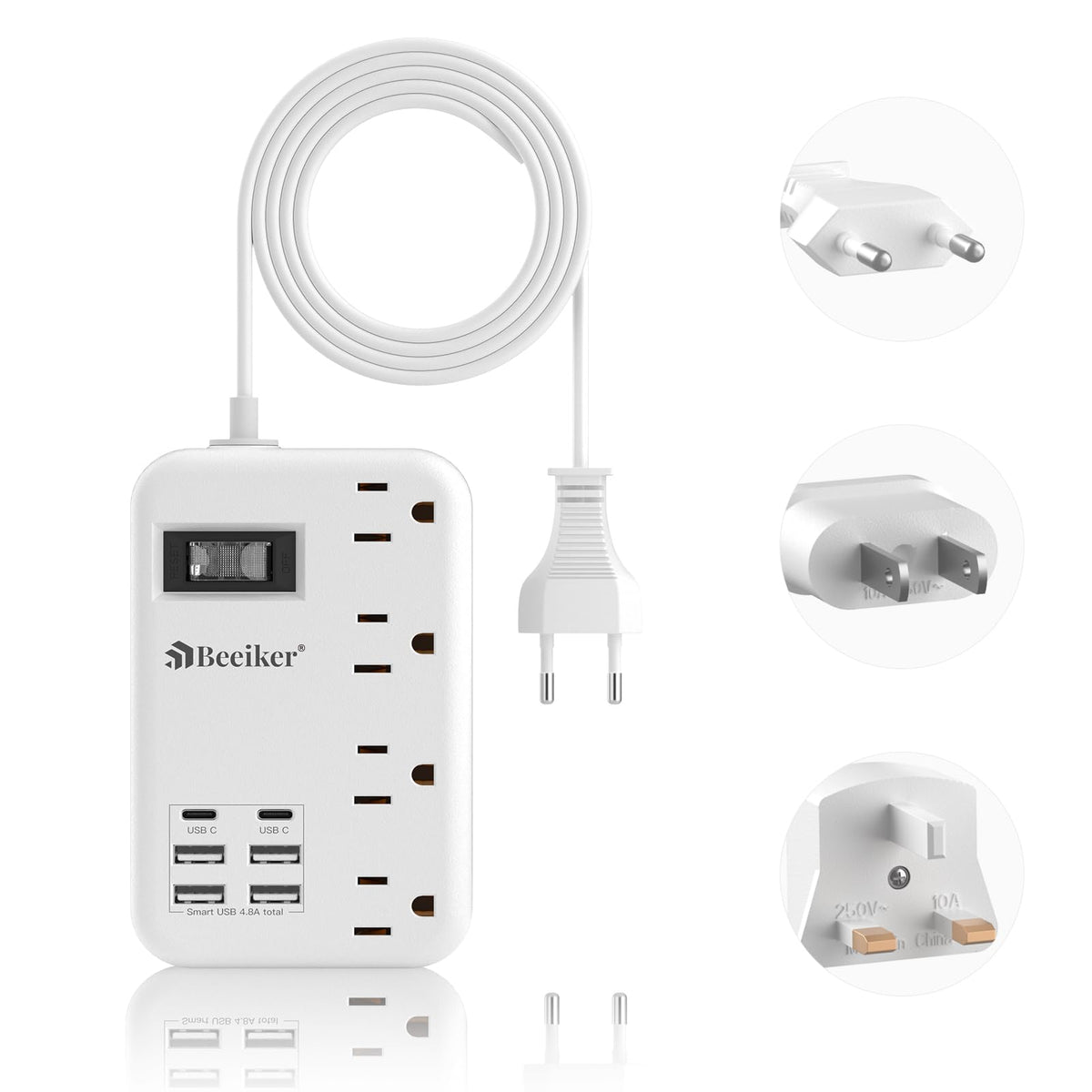 European Travel Plug Adapter, Us To Europe Travel Power Strip With 6 Usb(2 Usb C) 4 Outlets, International Universal Travel Powe