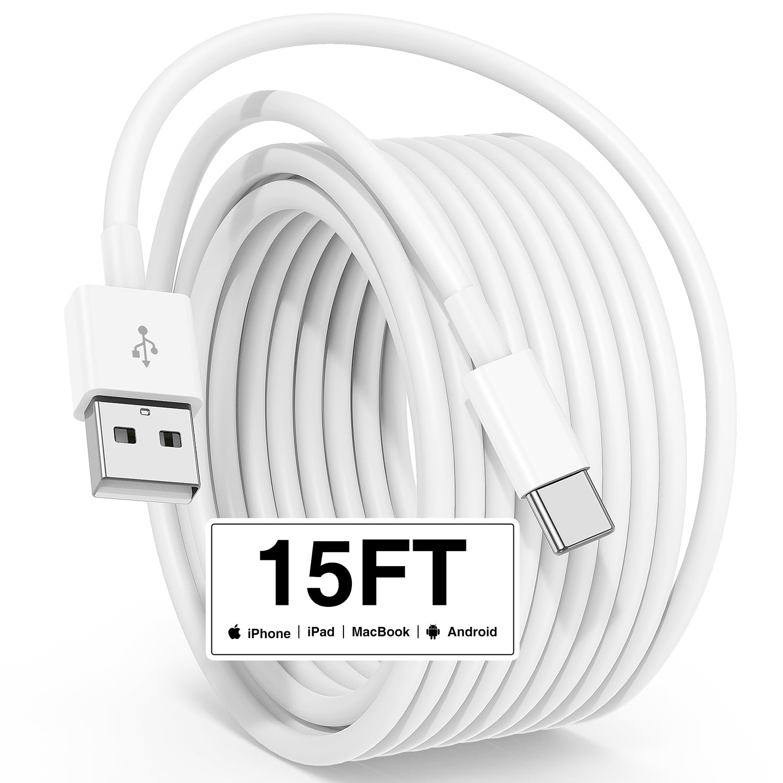 Long USB C Cable 15FT, Extra Long USB C Fast Charging Cable 5m for iPhone 16 15 Charger Cord, USB A to USB C Cable 15 Foot Type 