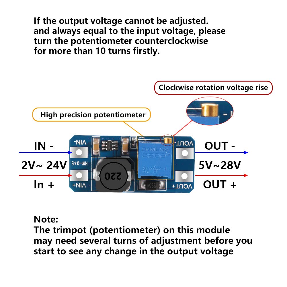 Aitrip 5Pcs Mt3608 Dc Dc Boost Converter 2A Adjustable Step Up Module Voltage Regulator Board Input Voltage 2V 24V To 5V 28V Out