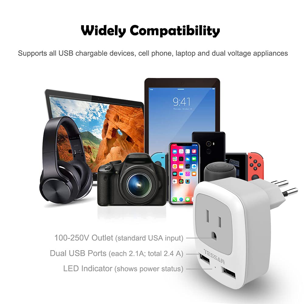 Tessan Brazil Power Adapter Travel Plug, 3 In 1 Usa Outlet Adapter With 2 Usb Charging Ports And Us Grounded Input For Usa To Br