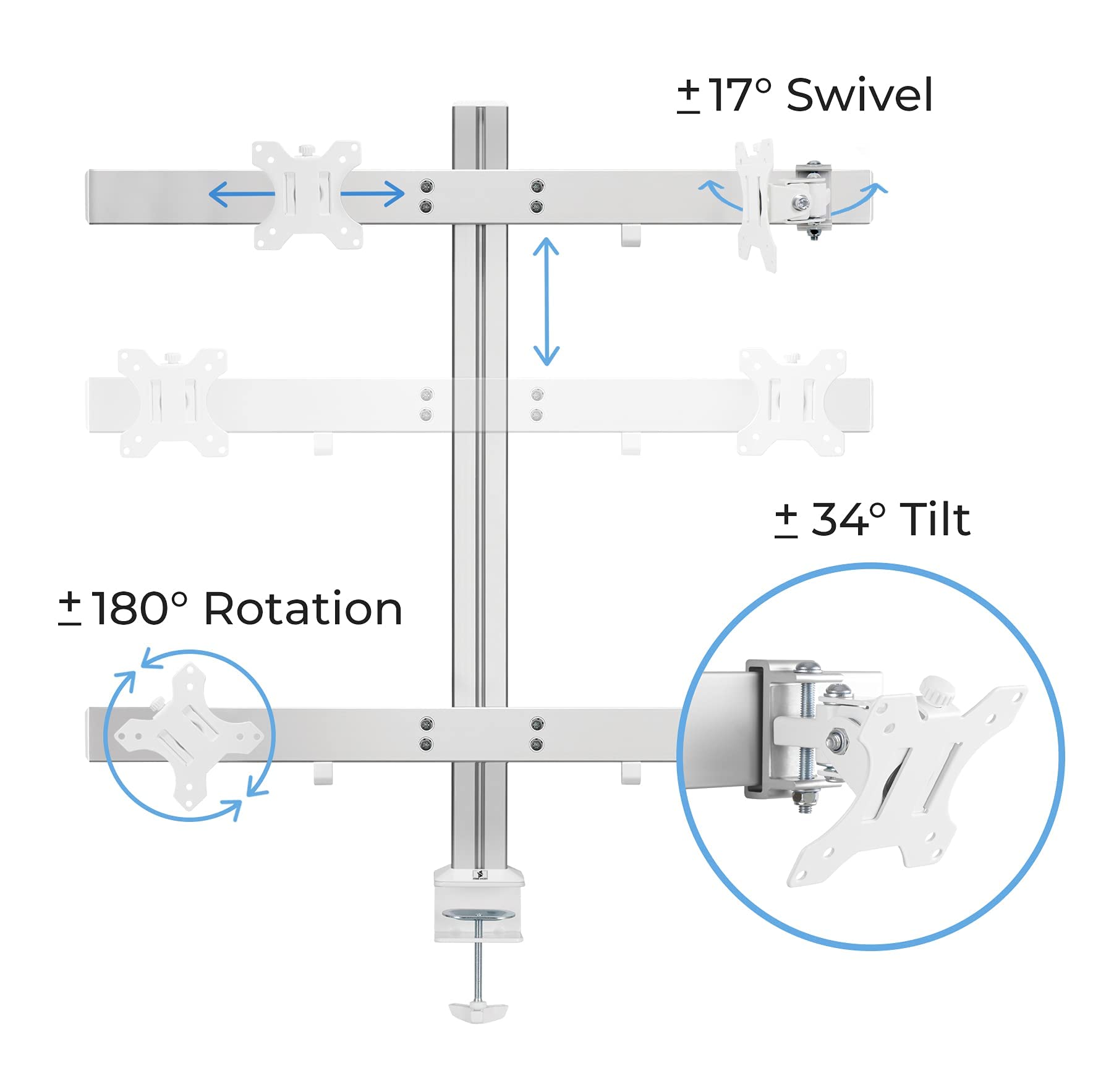 Stand Steady 4 Monitor Mount Desk Setup   Heavy Duty Height Adjustable Monitor Stand, Swivel Arm With Clamp On Base, Four Screen Vesa Mount Fits Most Lcd/Led Monitors 17 32 In. (Silver, 4 Mounts)