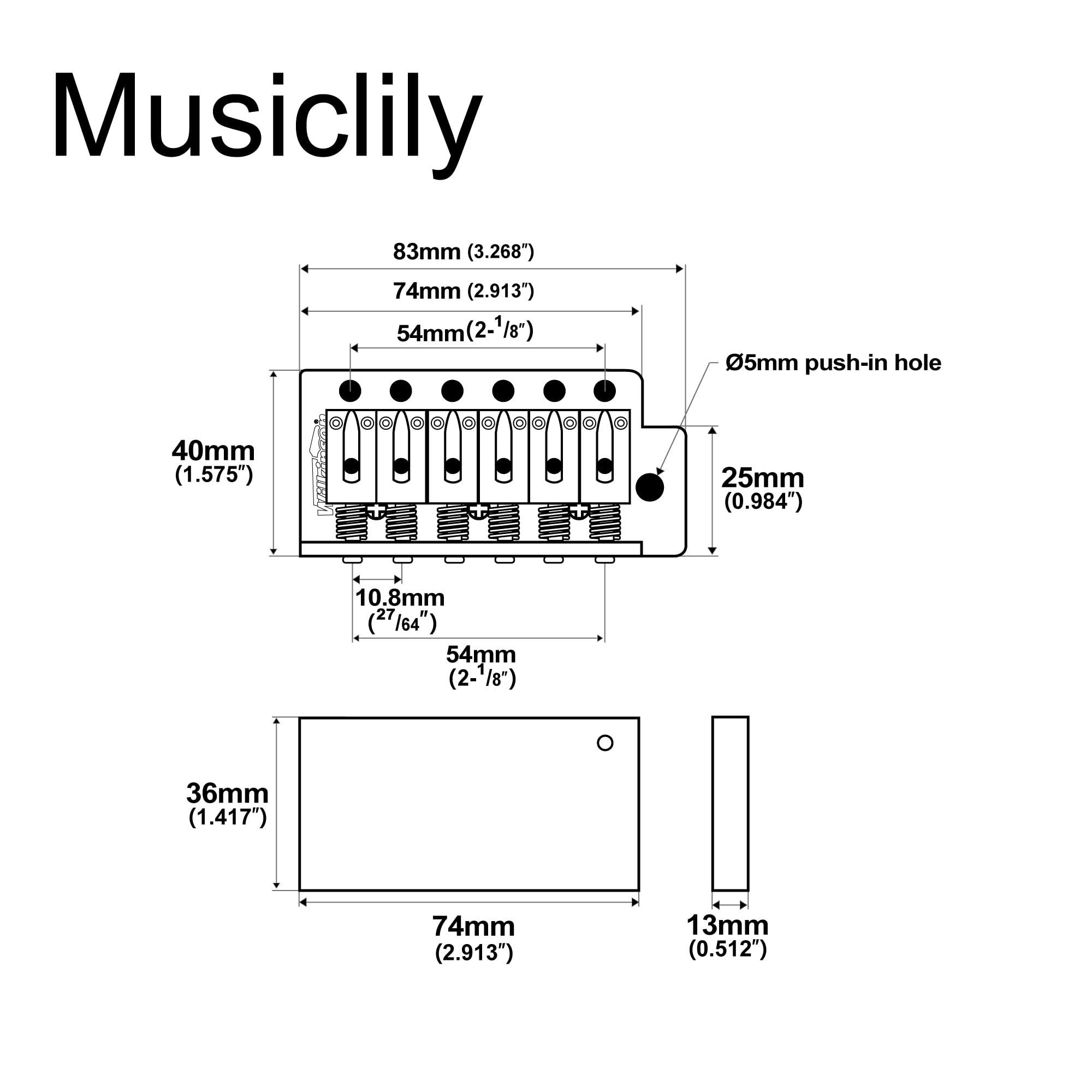 Wilkinson M Series 54Mm (2 1/8 Inch) String Spacing 6 Screw Modern Style Saddle Guitar Tremolo Bridge With Push In Arm 36Mm Bloc