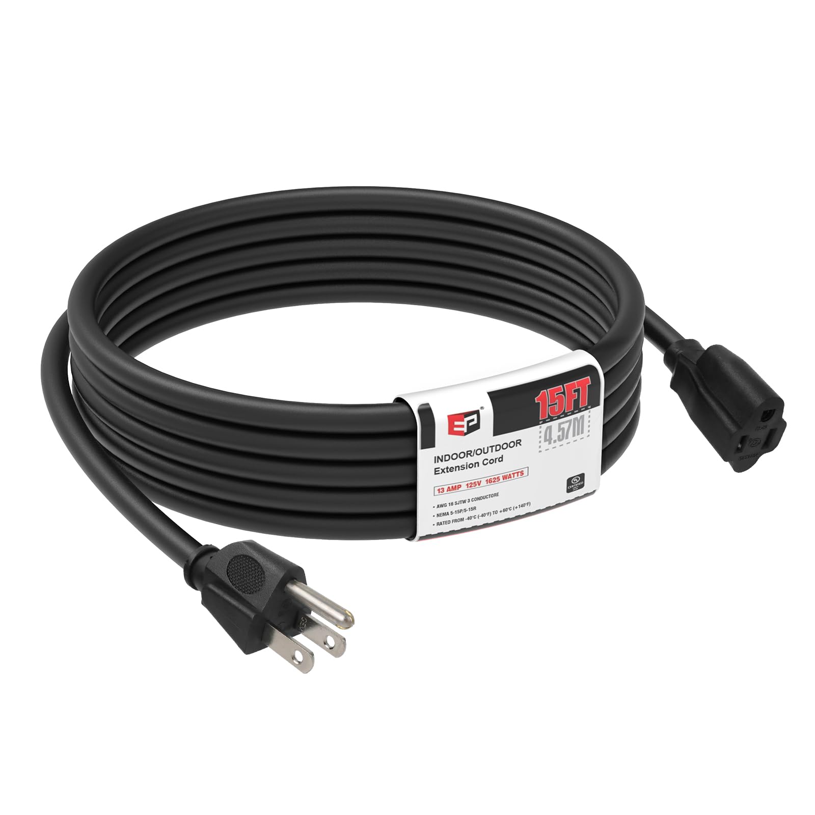 Ep 15Ft Black Outdoor Extension Cord, 16/3 Sjtw Heavy Duty Waterproof, 3 Prong Grounded Plug, 13A 1625W 16Awg, Cold Resistant Fl