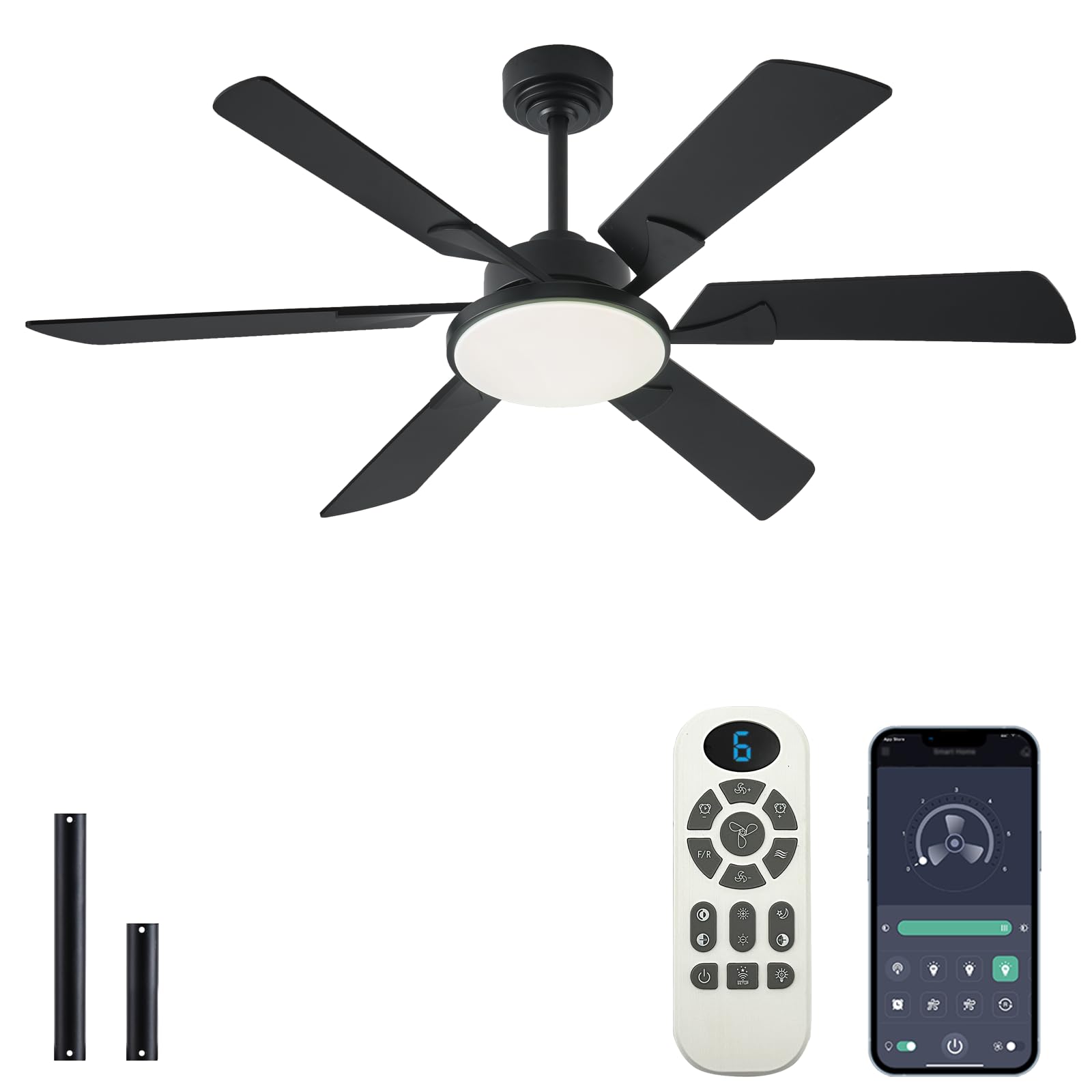 JSAITEE 52 Inch Low Profile Ceiling Fan with Lights, Remote & APP Control, 3CCT Dimmable, 6 Blades 6 Speed Ceiling Fans, Quiet R