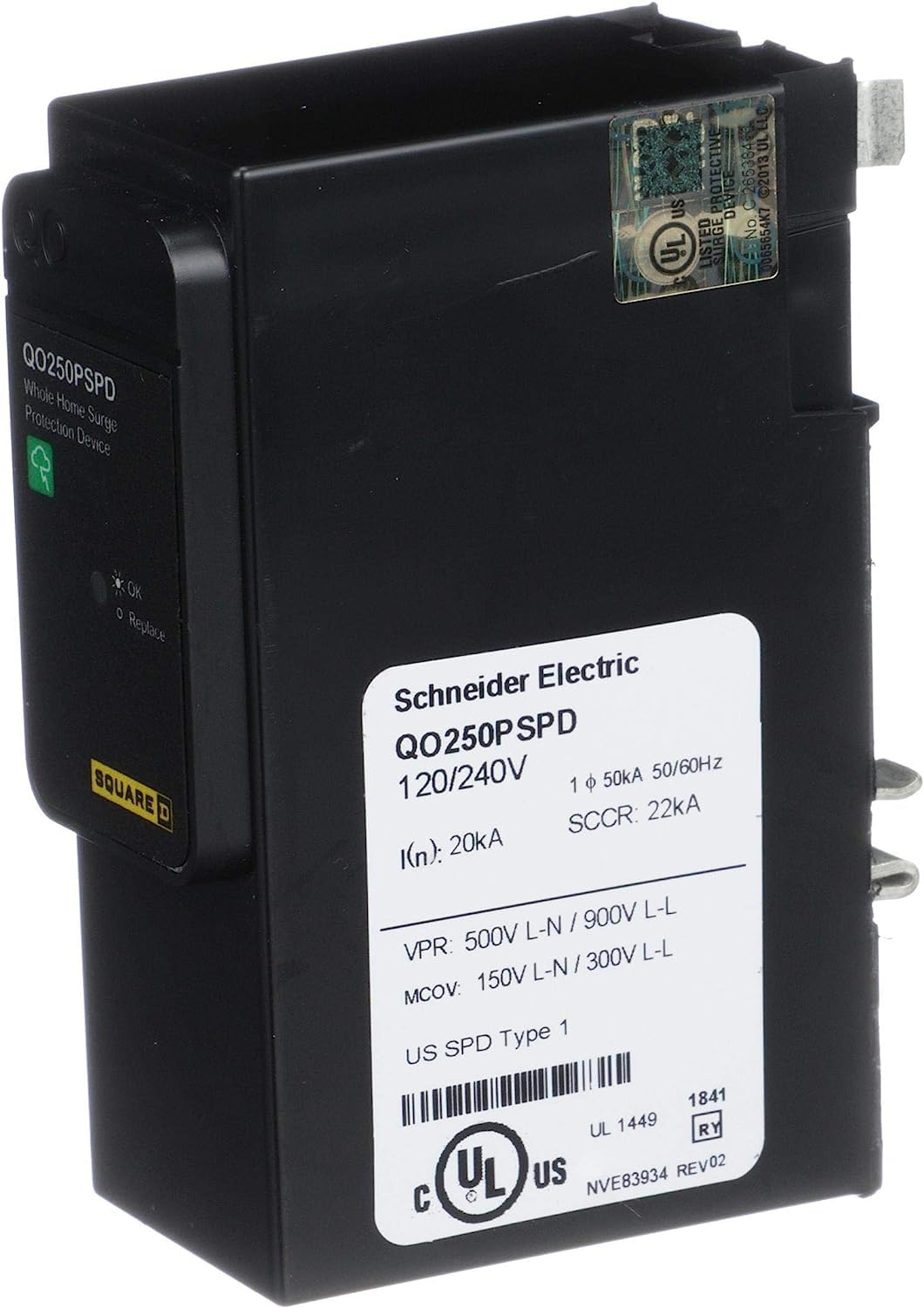 Square D QO Whole House Surge Protection Device, 50kA, 120/240V, 1-Phase, Model QO250PSPD, Plug-On Neutral, Black