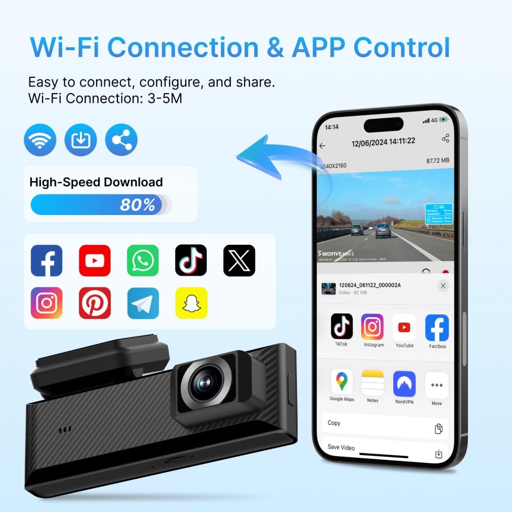 Miofive Smart Dash Cam, 2160P Uhd Dash Camera For Cars, Mini S Car Camera With Wi-Fi, Gps, Wdr, Night Vision, G-Sensor, App, Loo