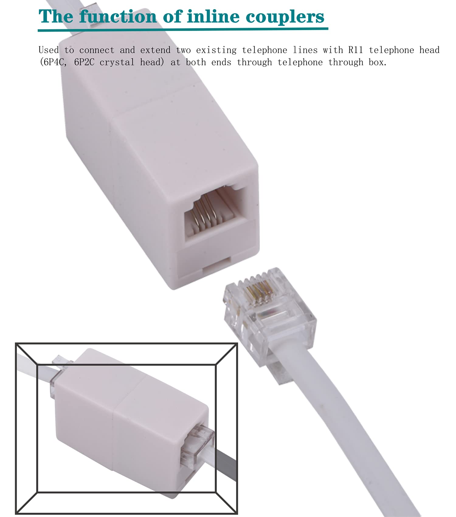 Lansensu Telephone Landline Extension Cord Cable Cord With Standard Rj 11 6P4C Plug (50Ft White, White)