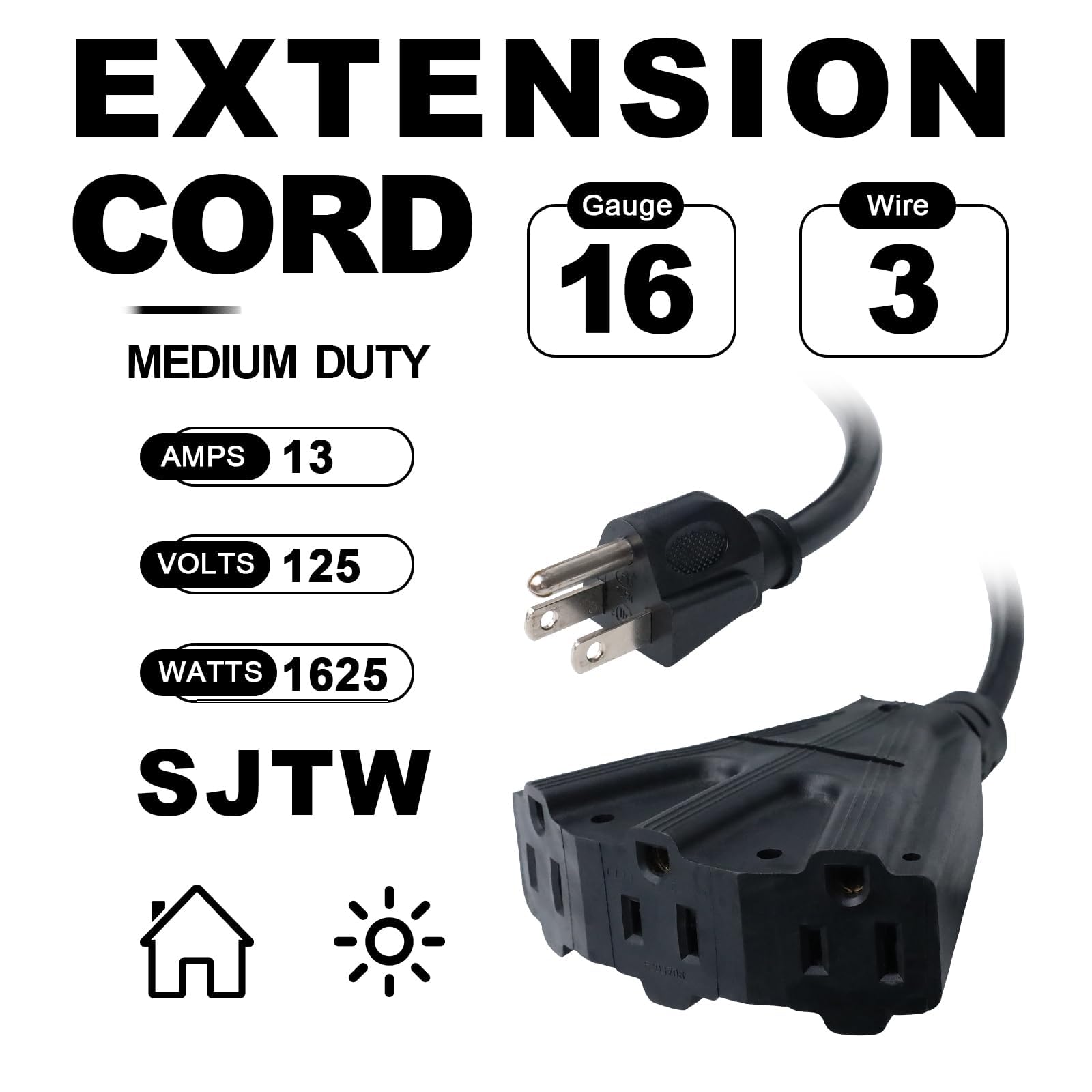 Ep 50 Ft Outdoor Extension Cord With 3 Electrical Power Outlets   16/3 Sjtw Black Cable With 3 Prong Grounded Plug For Safety Gr