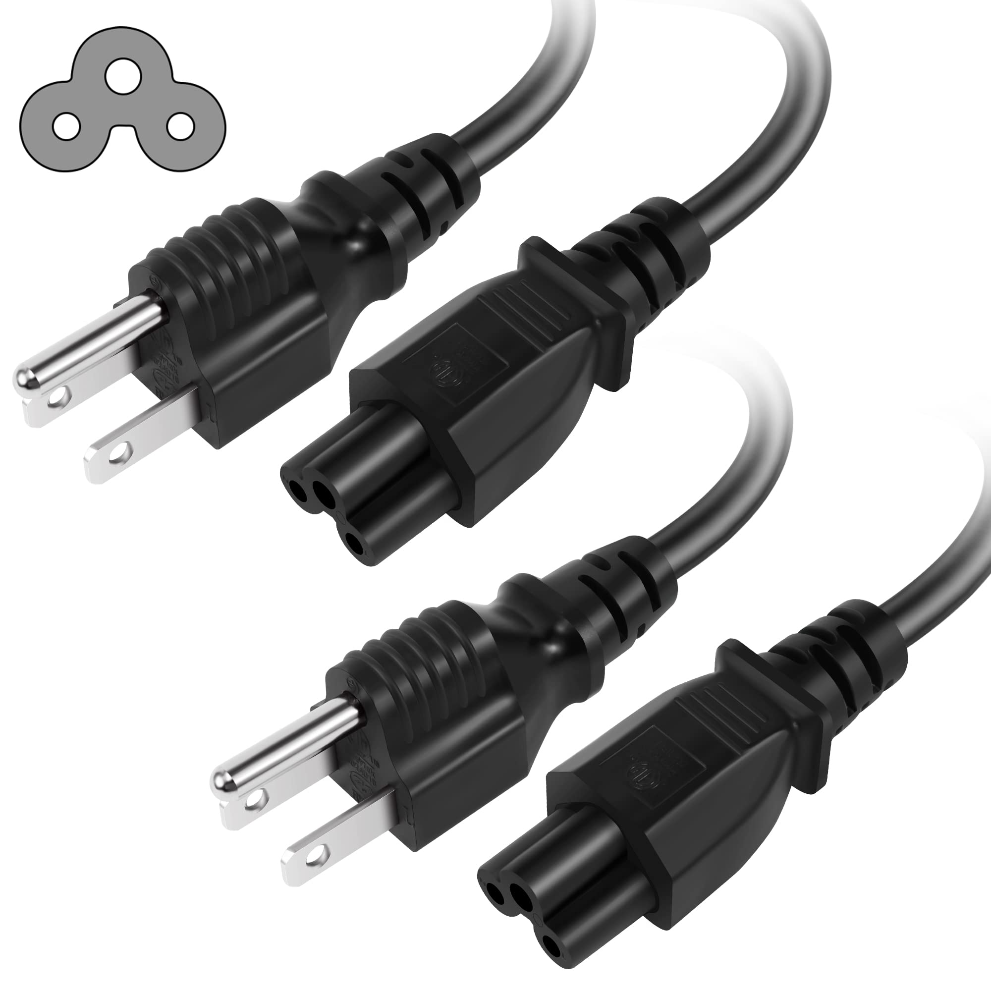 3 Prong Ac Laptop Power Cord 2 Feet (2 Pack), Nema 5 15P To C5 (Mickey Mouse) 10A 125V 18Awg, Iec 60320 Iec320 C5 To Nema 5 15P,