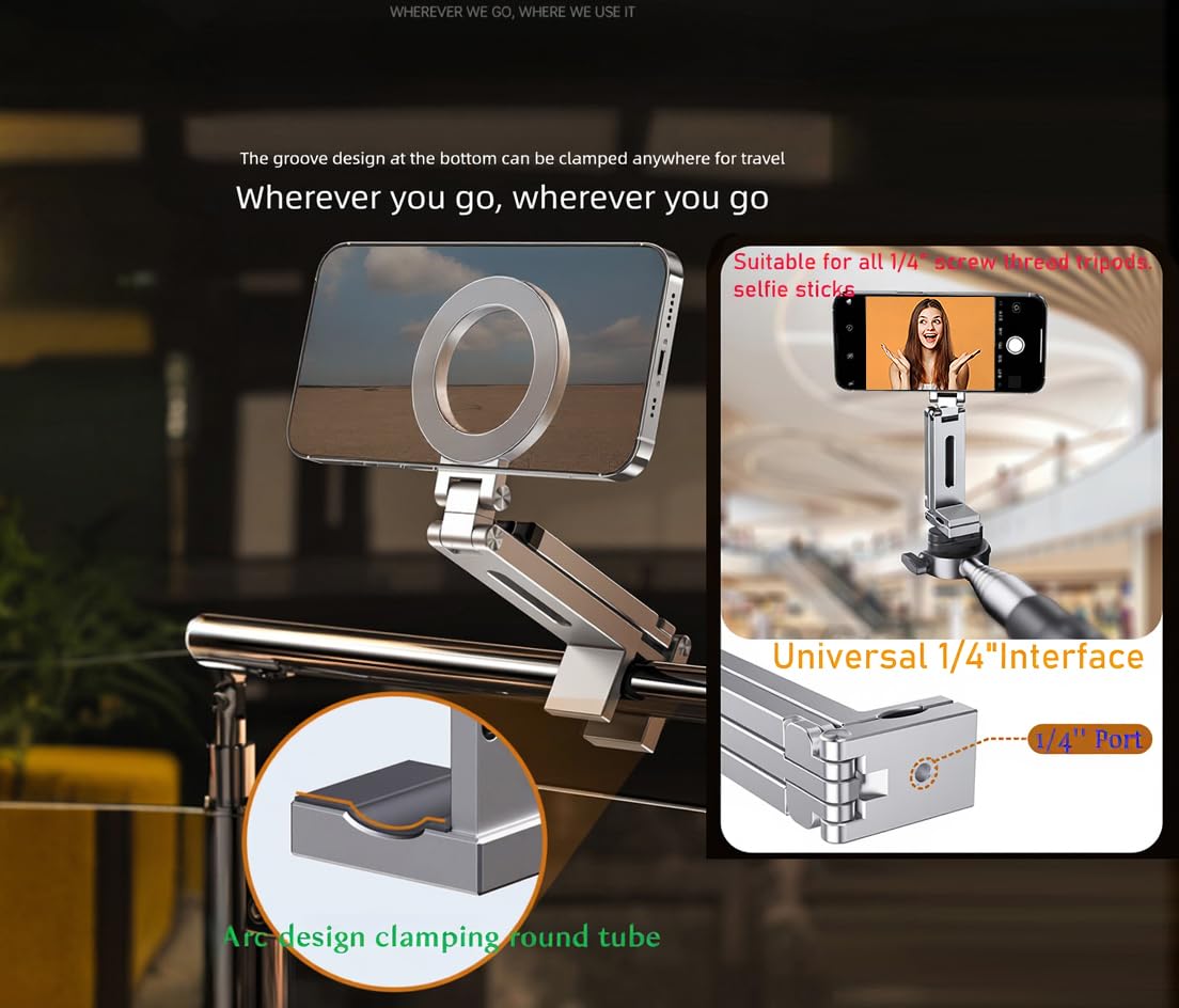 Esimen 4-In-1 Magnetic Selfie Stick Tripod For Magsafe, 360 Rotation Portable Pocket Size Phone Stand With Remote (Silver Alumin