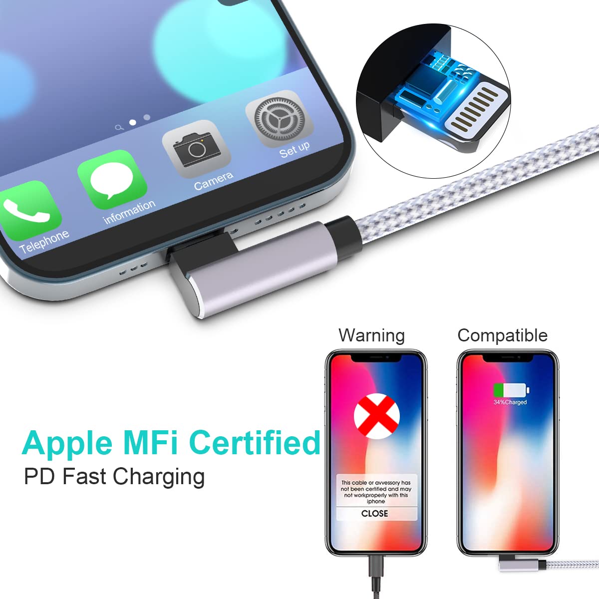 90 Degree Iphone Charger Cable 10Ft Mfi Certified Right Angle Iphone Charger Nylon Braided Lightning To Usb C Pd Fast Charging Cable Data Sync Cord Compatible With Iphone 14/13/Pro/12/Max/11/X/Xs/Xr/8