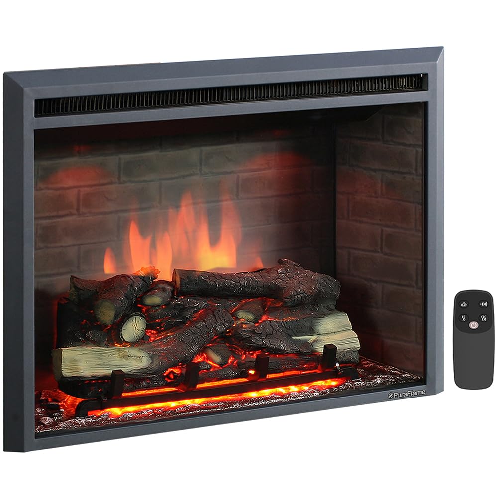 Puraflame Western Electric Fireplace Insert With Fire Crackling Sound, Remote Control, 750/1500W, Black, 29 59/64 Inches Wide, 2