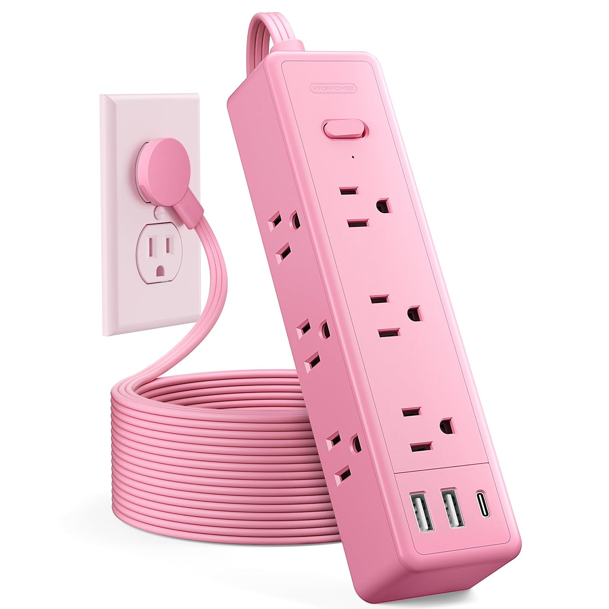 Pink Power Strip, Ntonpower Surge Protector Power Strip Flat Extension Cord 15Ft, 9 Outlets 3 Usb Ports(1 Usb C), Wall Mount, 10