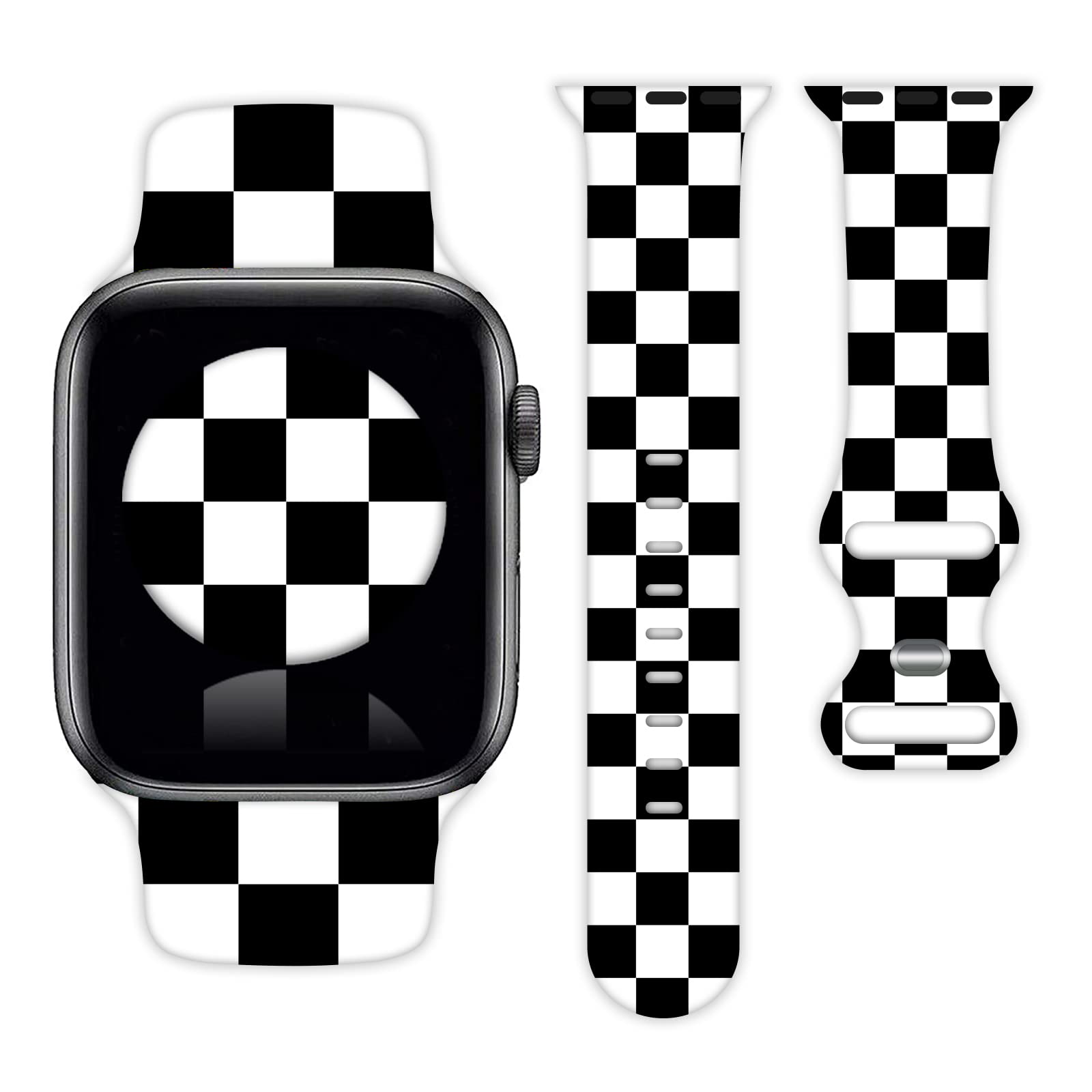 Black White Checkered Watch Band Compatible with Apple Watch 38mm 40mm 41mm 42mm 44mm 45mm for Women Men Gifts Sport Silicone Wr