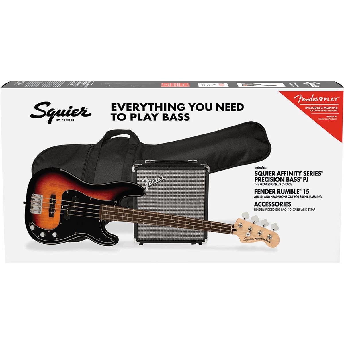Squier By Fender Precision Bass Guitar Kit, Affinity Series, Laurel Fingerboard, 3-Color Sunburst, Poplar Body, With Guitar Bag