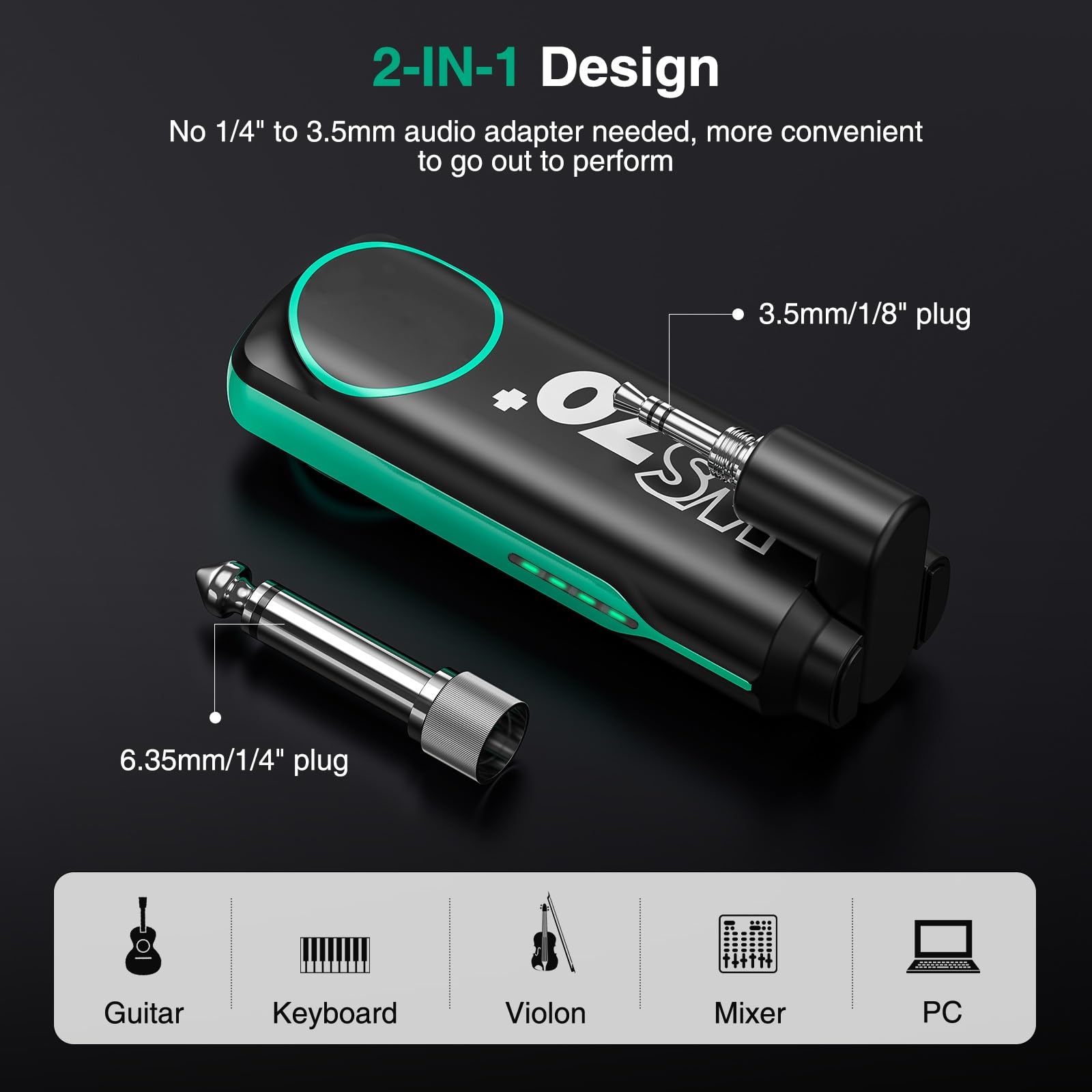 Pogolab Uhf Wireless Guitar System, Rechargeable Wireless Guitar Transmitter Receiver, 6.35Mm & 3.5Mm 2 In 1 Plug, 10 Channels D