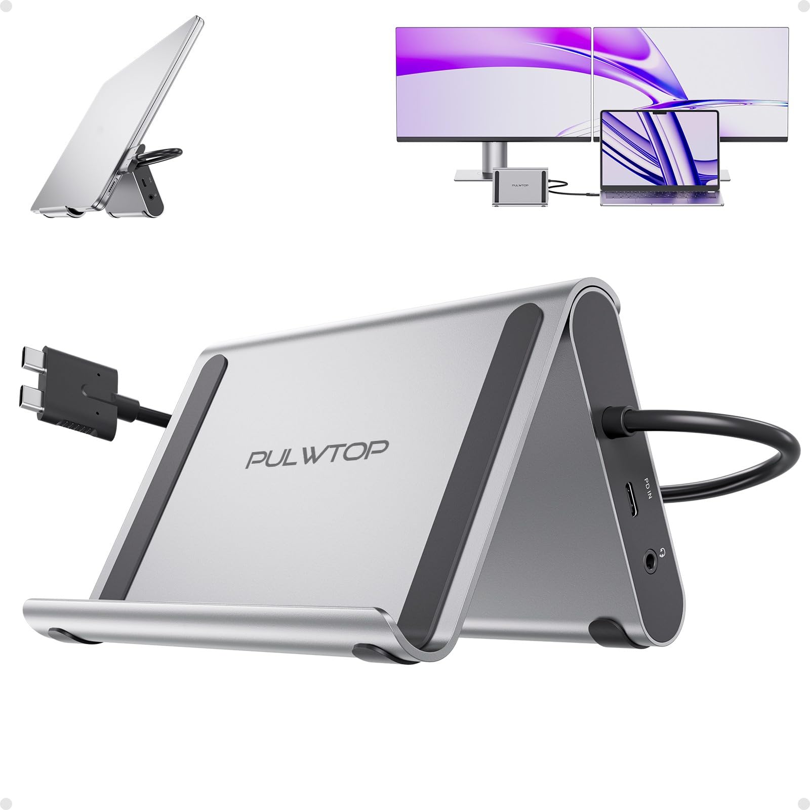 MacBook Pro Docking Station Dual Monitor 4K@60Hz for MacBook Pro/Air M3 Pro/M4, PULWTOP USB C Docking Station Stand Laptop Dock 