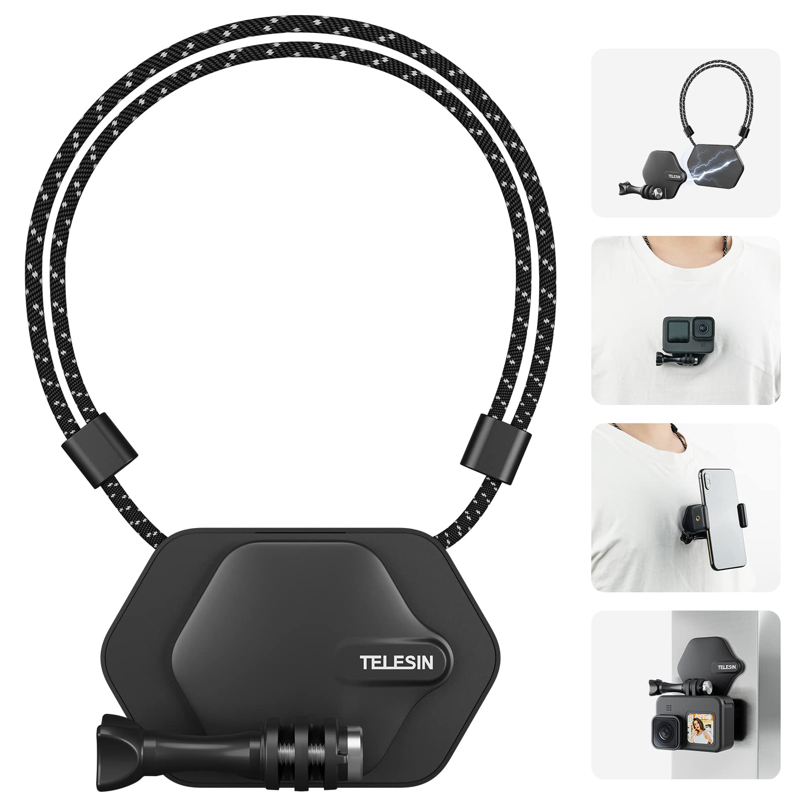 Telesin Magnetic Chest Mount With Neck Strap, 360 Pov Invisible Selfie Necklace Mounting Accessories For Gopro Max Mini Hero 11 10 9 8 7 Insta360 Dji Action Iphone Android
