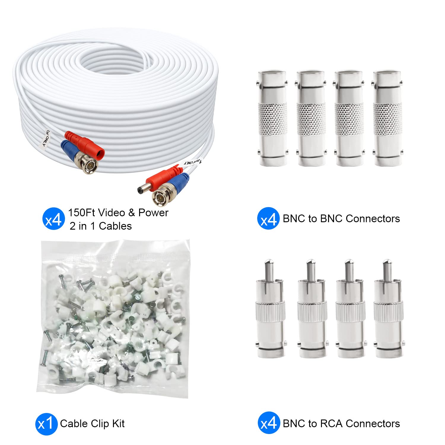 Aimyzii Bnc Cable 150Ft 4 Pack Bnc Video Power Cable,Security Camera Cable For Cctv Camera Dvr Security Systems(Included 8X Bnc