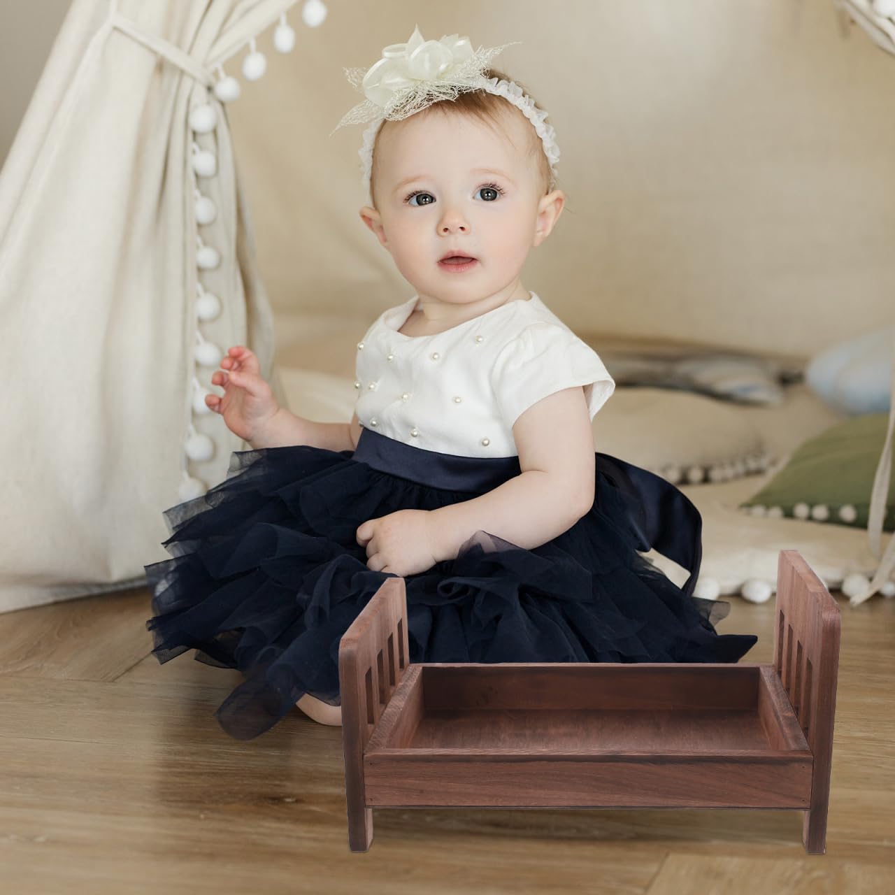 Mikikit Newborn Props Newborn Photography Bed Wood Bed Photoshoot Props Mini Doll Bed For Coffee Kids Decor
