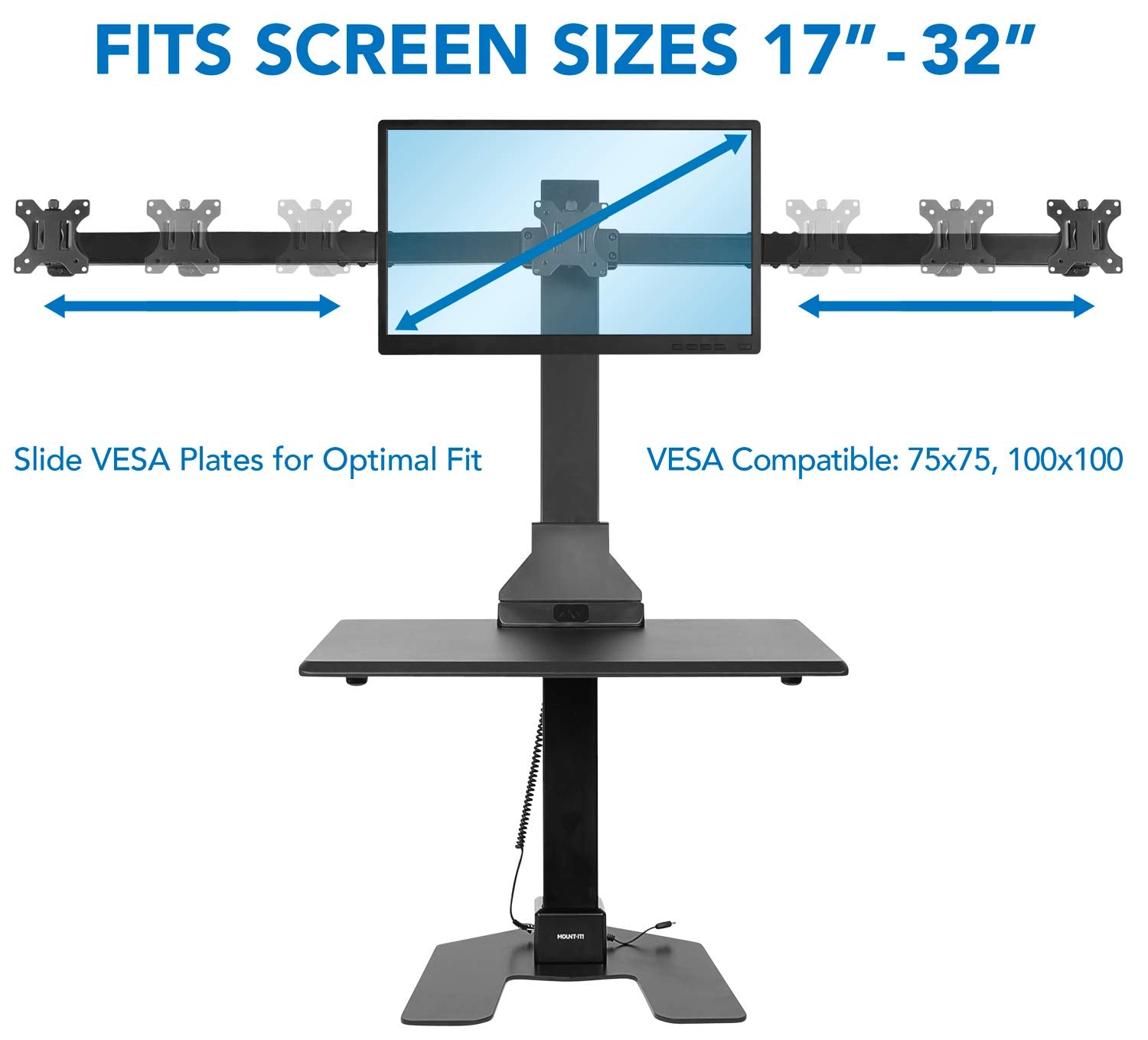 Mount It! Triple Monitor Electric Standing Desk Converter   3 Screens Stand Up Desk Riser   Height Adjustable Desktop & 3 Mounts for Screens up to 32', Sit Stand Convertor for Home, Office, School