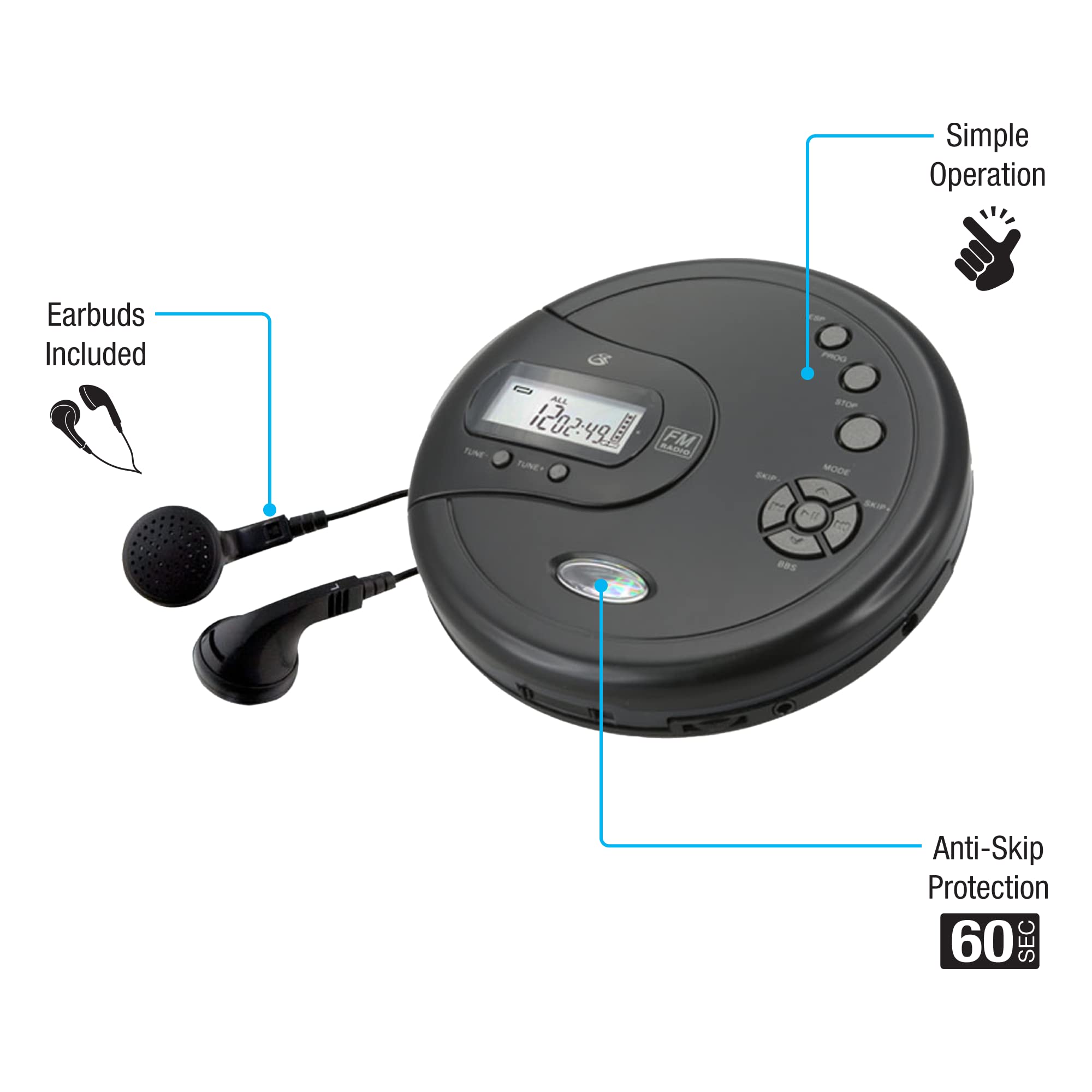 Gpx Pc332B Portable Cd Player With Anti-Skip Protection, Fm Radio And Stereo Earbuds - Black