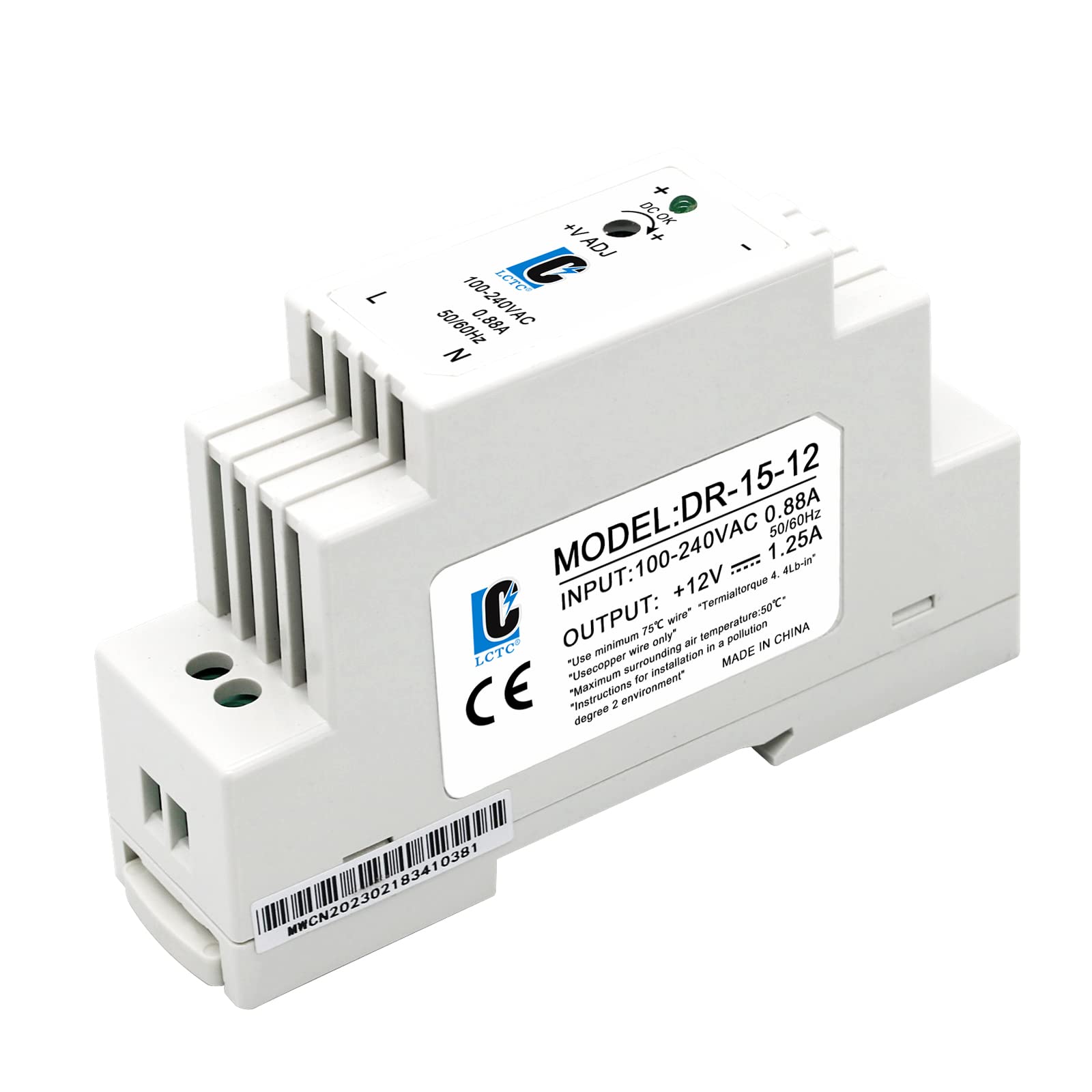 Lclctc Dc 12V Din Rail Power Supply Slim 15W 1.25A Max(1A Can Also Be Used);Thin;(Input:100 240Vac,Output:12Vdc,50/60Hz) (Volts_
