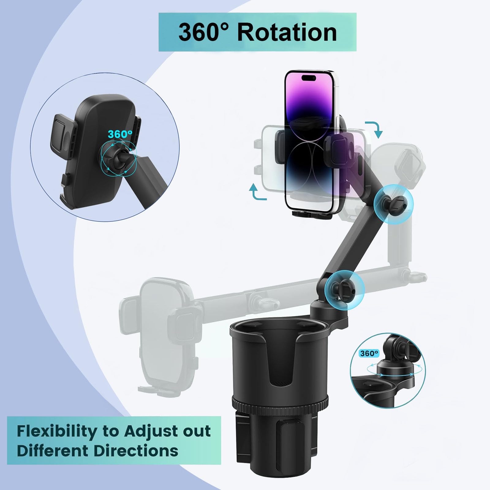 Car Cup Holder Expander Phone Holder With Adjustable Arm And Base, 2 In 1 Phone Mount And Cupholder Adapter With Expandable Base