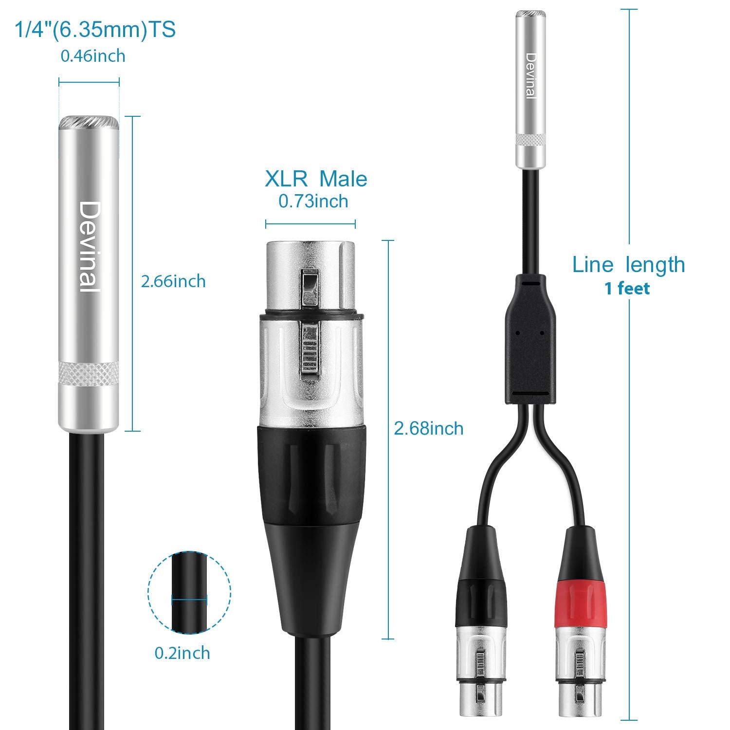 Devinal 1/4 '' Female To Dual Xlr Y Cable   6.35Mm Trs To 2 Xlr Microphone Converter   1Ft Audio Breakout Cord