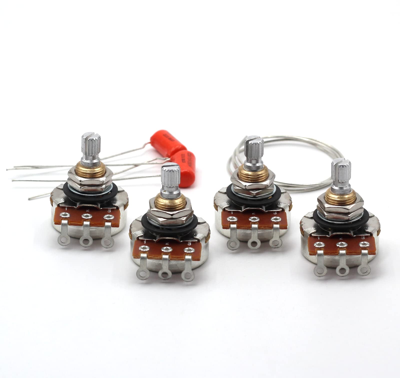 (4X) Bourns 500K Short Split Shaft Audio Potentiometers + (2X) .022Uf Orange Drop Capacitors   For Electric Guitar