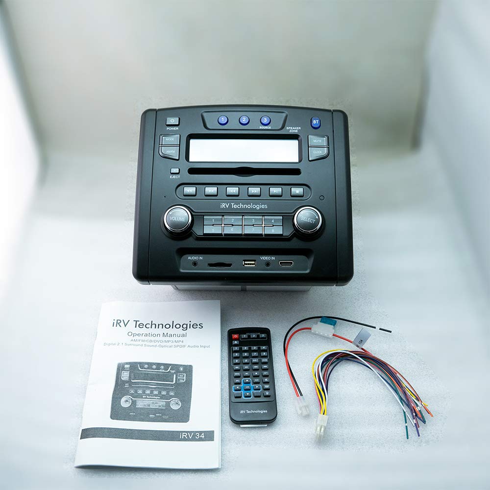 Irv Technology Irv34 Am/Fm/Cd/Dvd/Mp3/Mp4 /Usb/Sd/Hdmi/Digital2.1/Surround Sound/Bluetooth 3 Zones Wall Mount Rv Radio Stereo