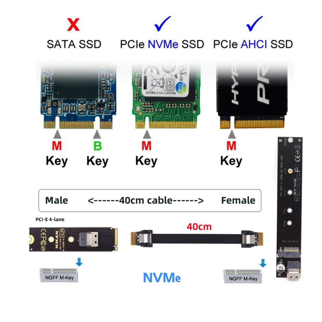 chenyang M.2 NVME M-Key SSD Male to Female Extension Cable SFF-8654 Connector 40cm Copper Black