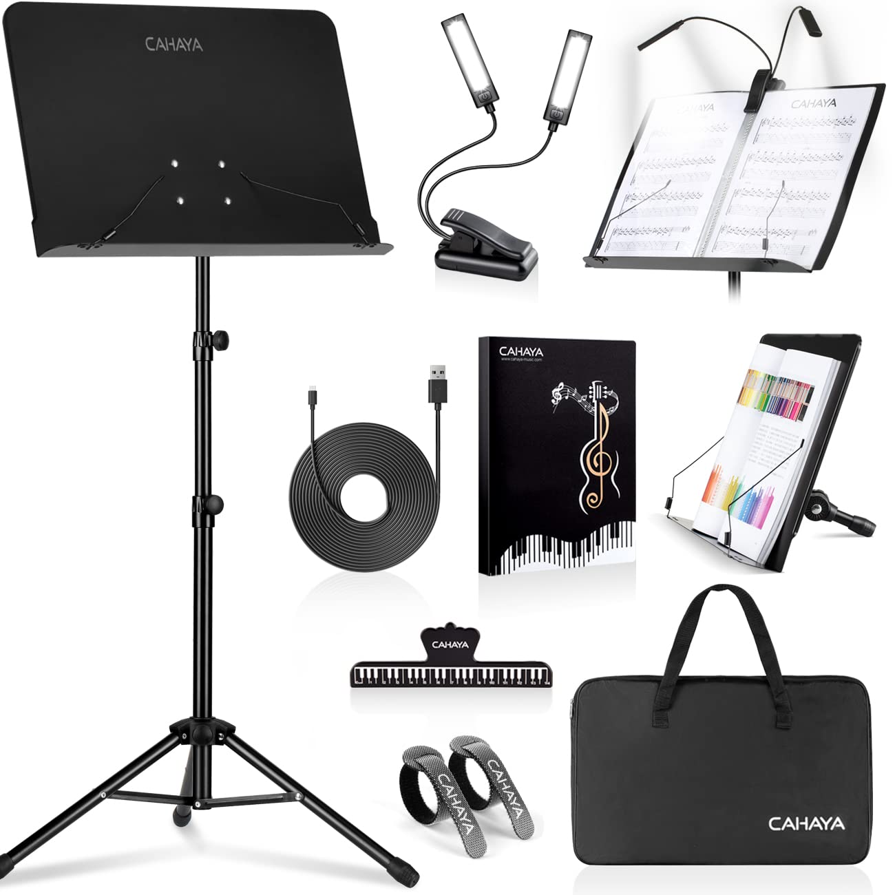 CAHAYA 6 IN 1 Sheet Music Stand with Stand Light Desktop Book Stand with Carrying Bag, Sheet Music Folder & Clip Metal Portable 