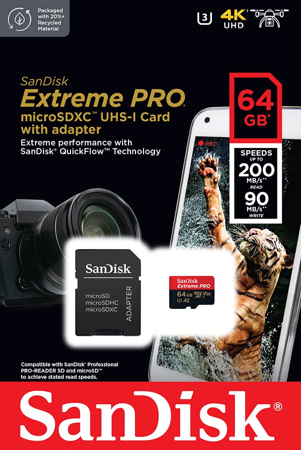 Sandisk 64Gb Extreme Pro Microsd Uhs I Card With Adapter C10, U3, V30, A2, 200Mb/S Read 90Mb/S Write Sdsqxcu 064G Gn6Ma