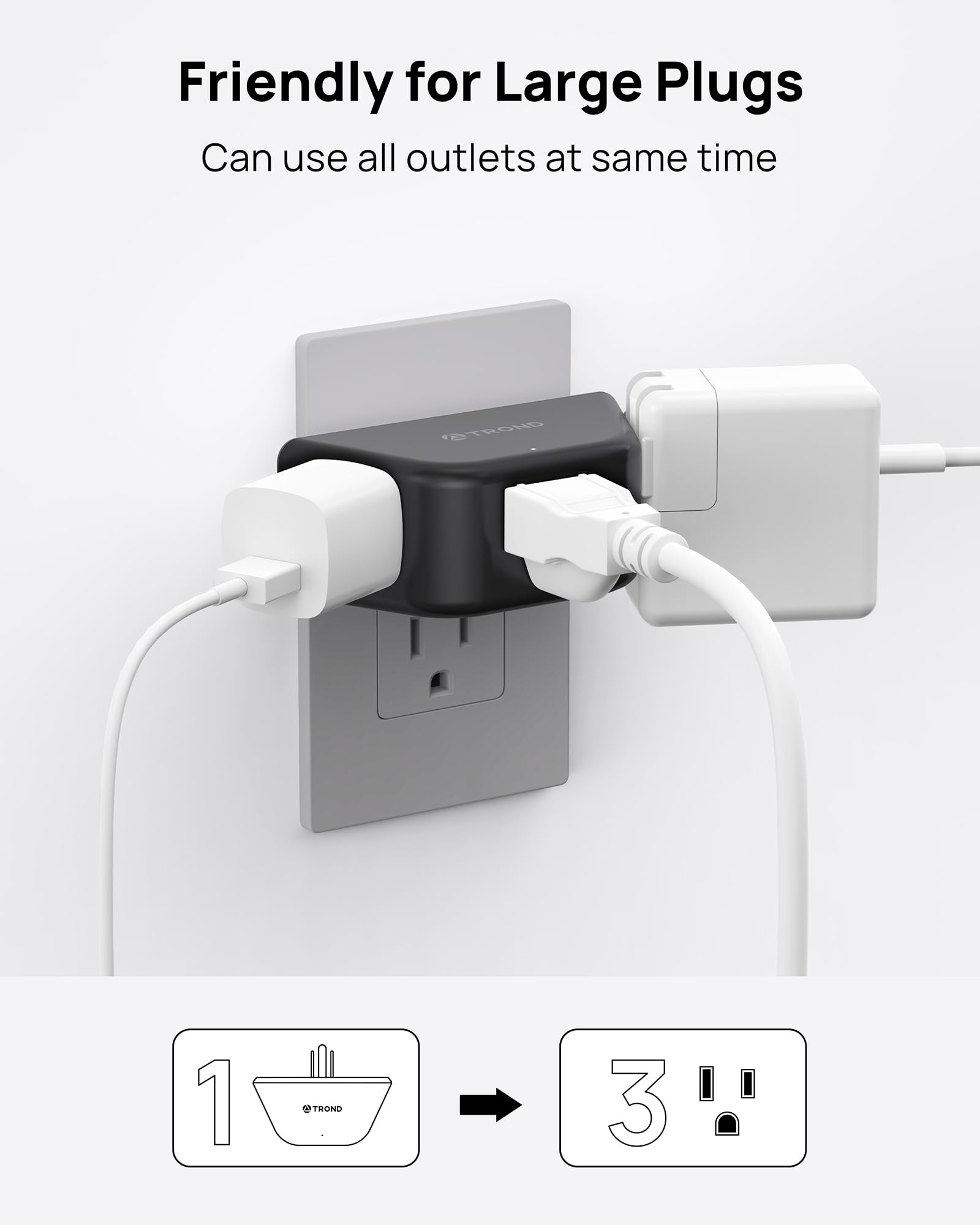 Trond Outlet Extender   3 Prong Grounded Plug Extension Outlet, 3 Way Angled Wall Plug Splitter, Cruise Ship Essentials, Multipl
