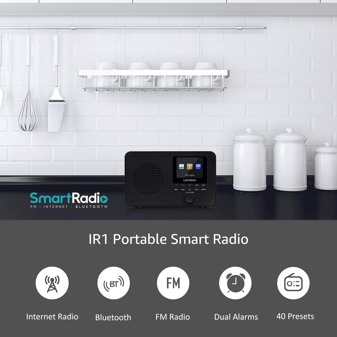 Lemega Ir1 Portable Wifi Internet Radio,Fm Digital Radio,Bluetooth Speaker,Dual Alarms Clock,Sleep Snooze Timer,40 Presets, Headphone Output,Colour Display,Batteries Or Mains Powered � Black Finish