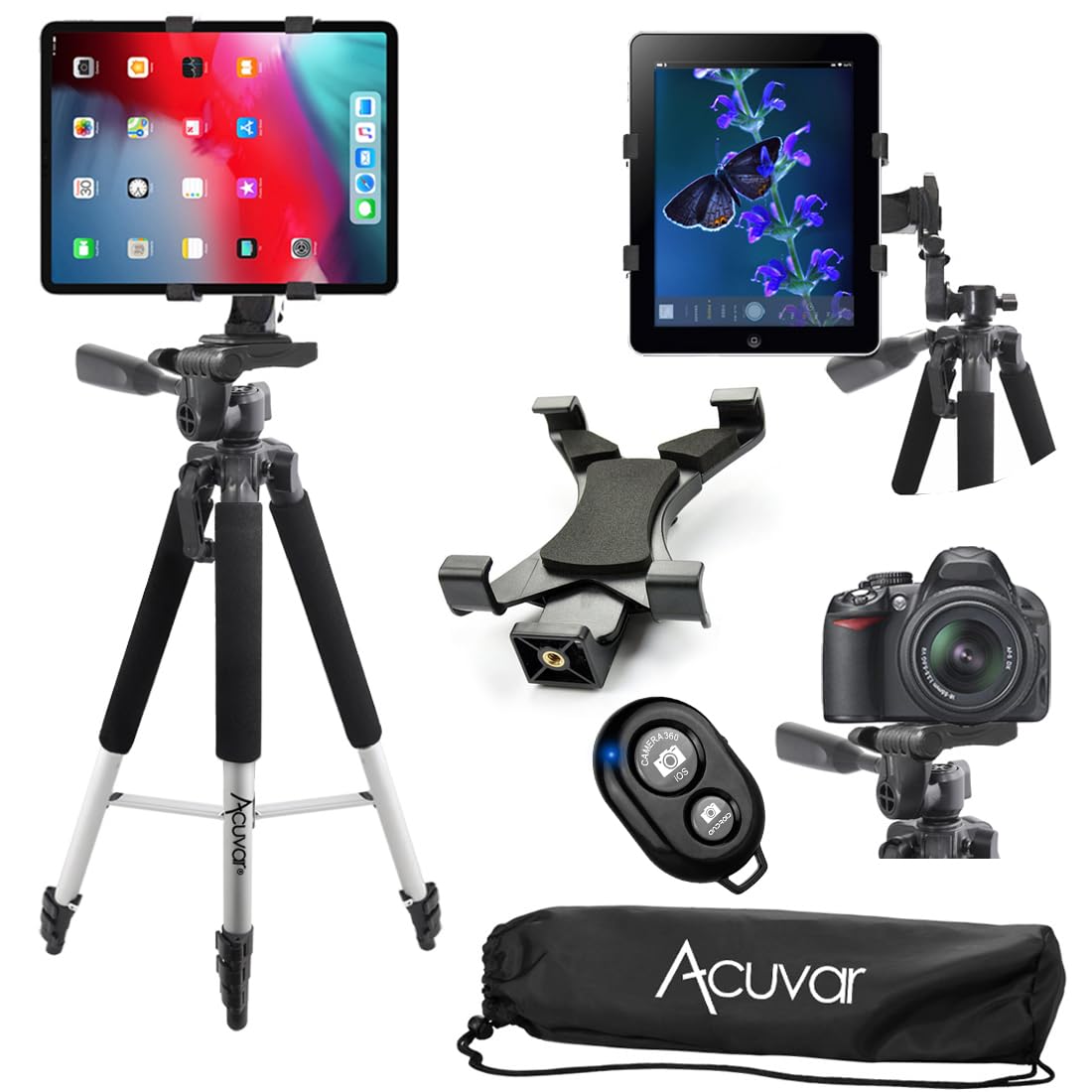 Acuvar 57 inch Pro Series Tripod, Tablet Mount, Wireless Shutter Remote for iPad, iPad Air, iPad Mini, Most Other Tablets
