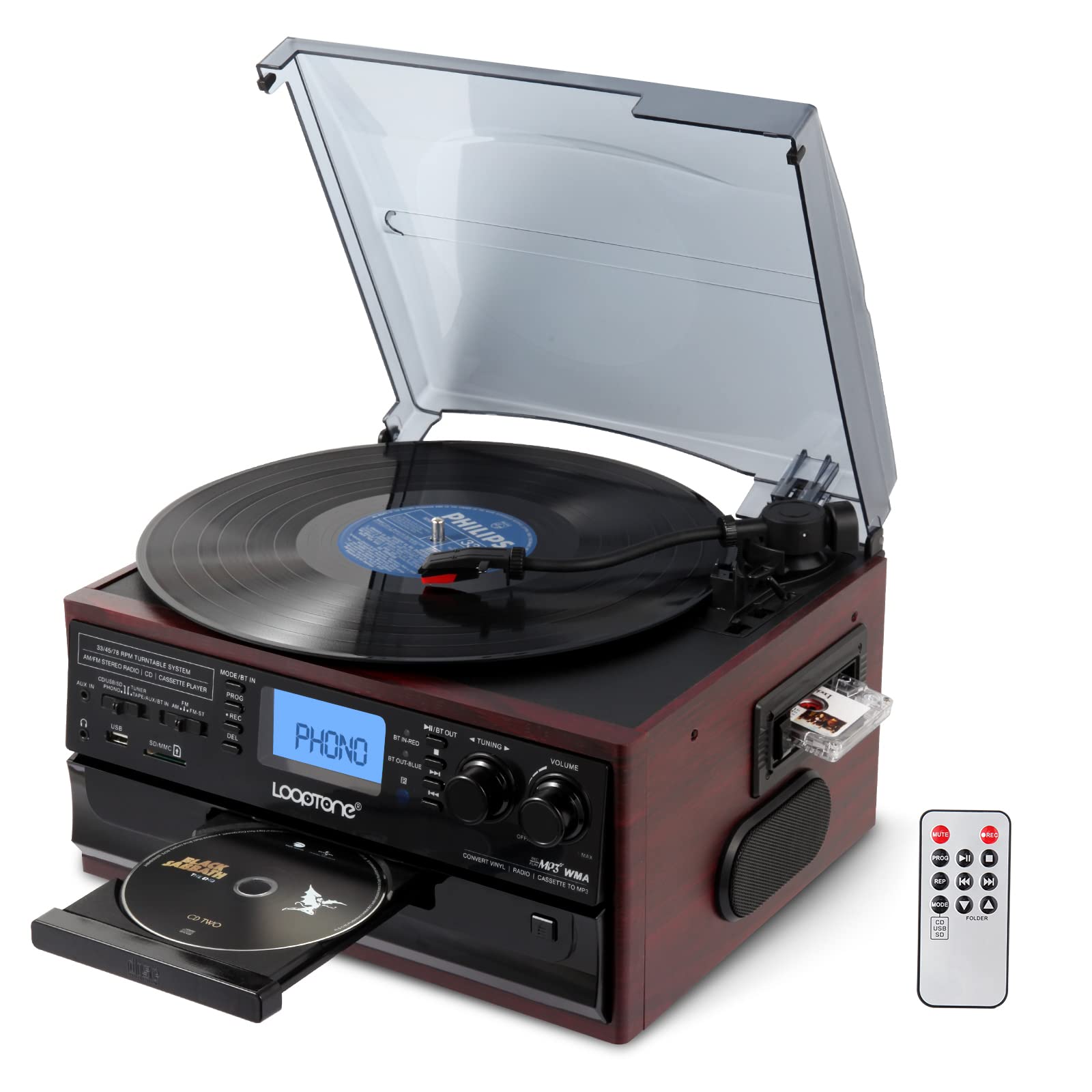 Looptone 10 In 1 Bluetooth In/Out Record Player 3 Speed Vinyl Vintage Turntable Cd Player Cassette Am/Fm Radio 2 Built In Speake